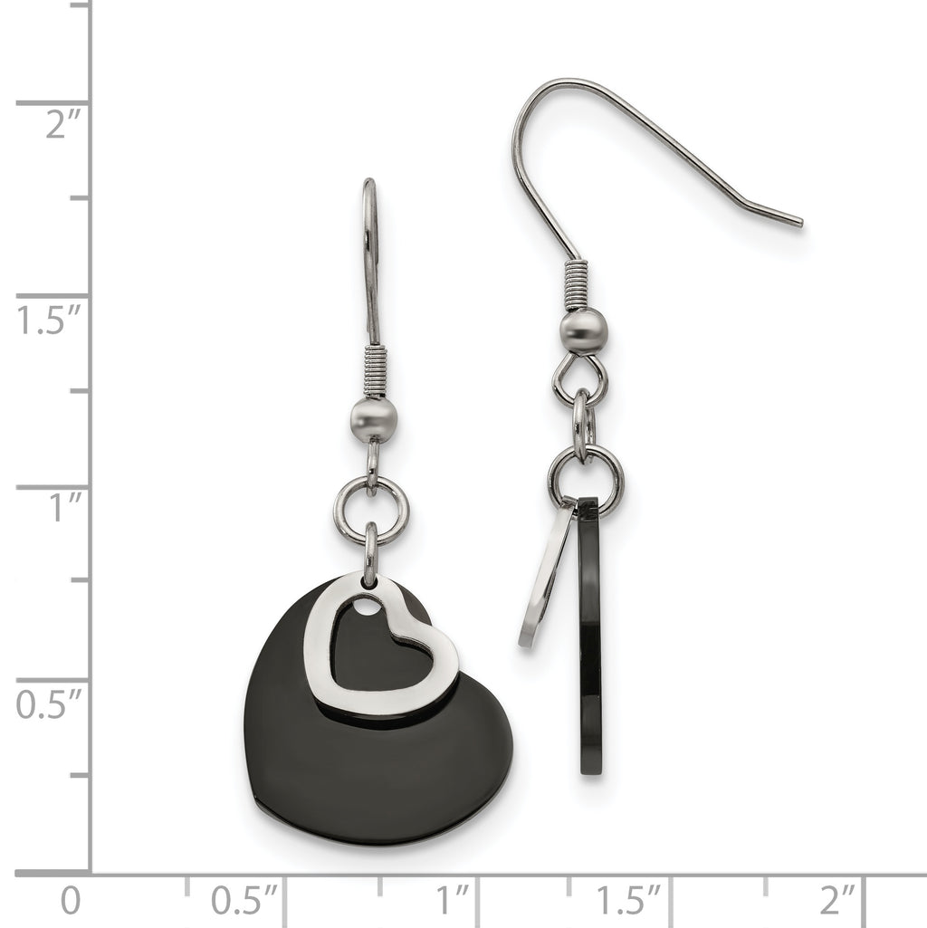 Black Heart Dangle Earrings in Stainless Steel