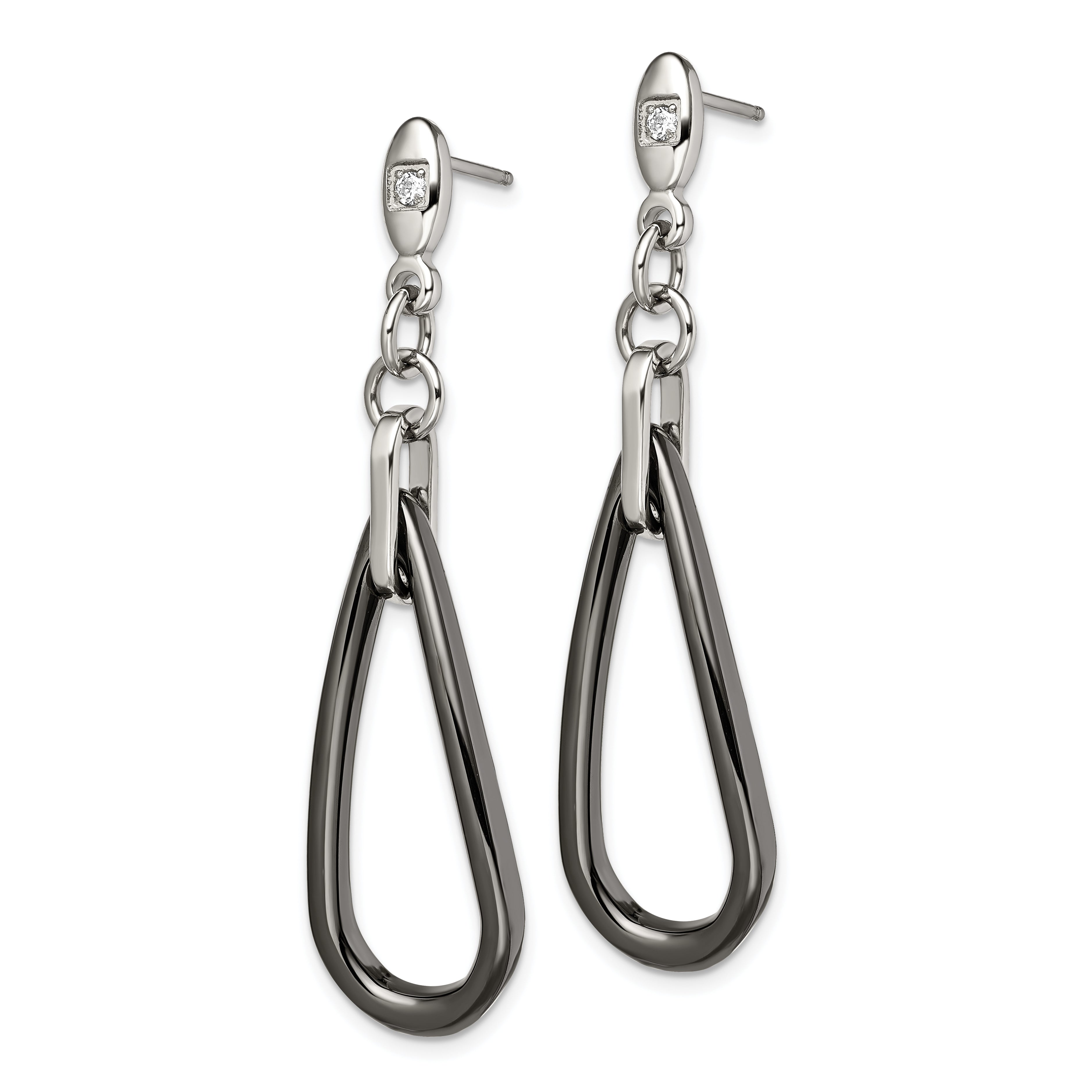 Black Ceramic & CZ Dangle Earrings in Stainless Steel