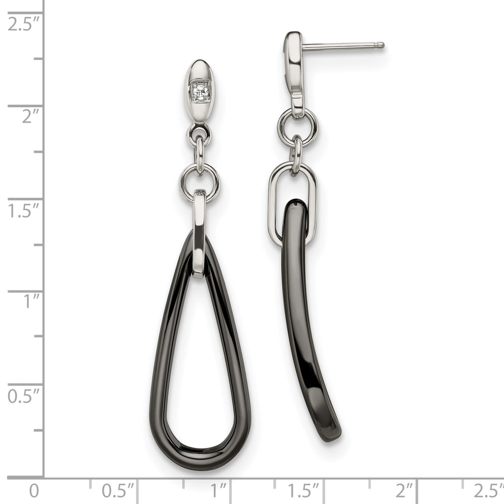Black Ceramic & CZ Dangle Earrings in Stainless Steel
