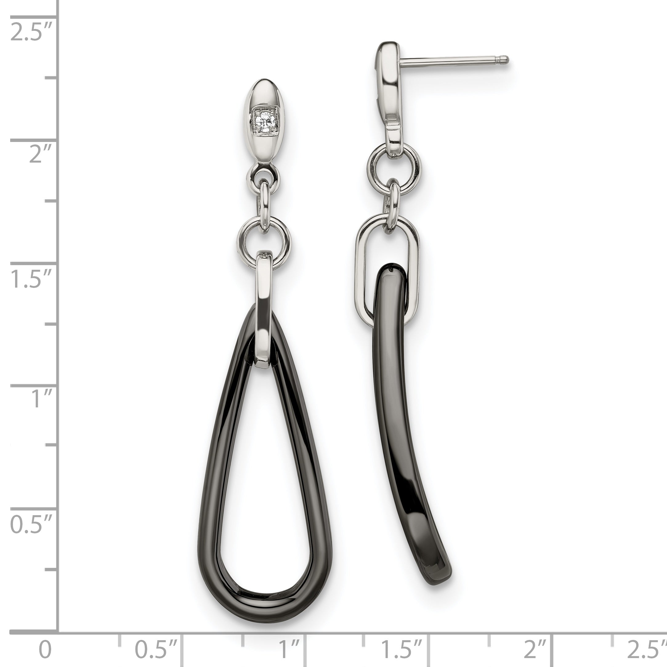 Black Ceramic & CZ Dangle Earrings in Stainless Steel