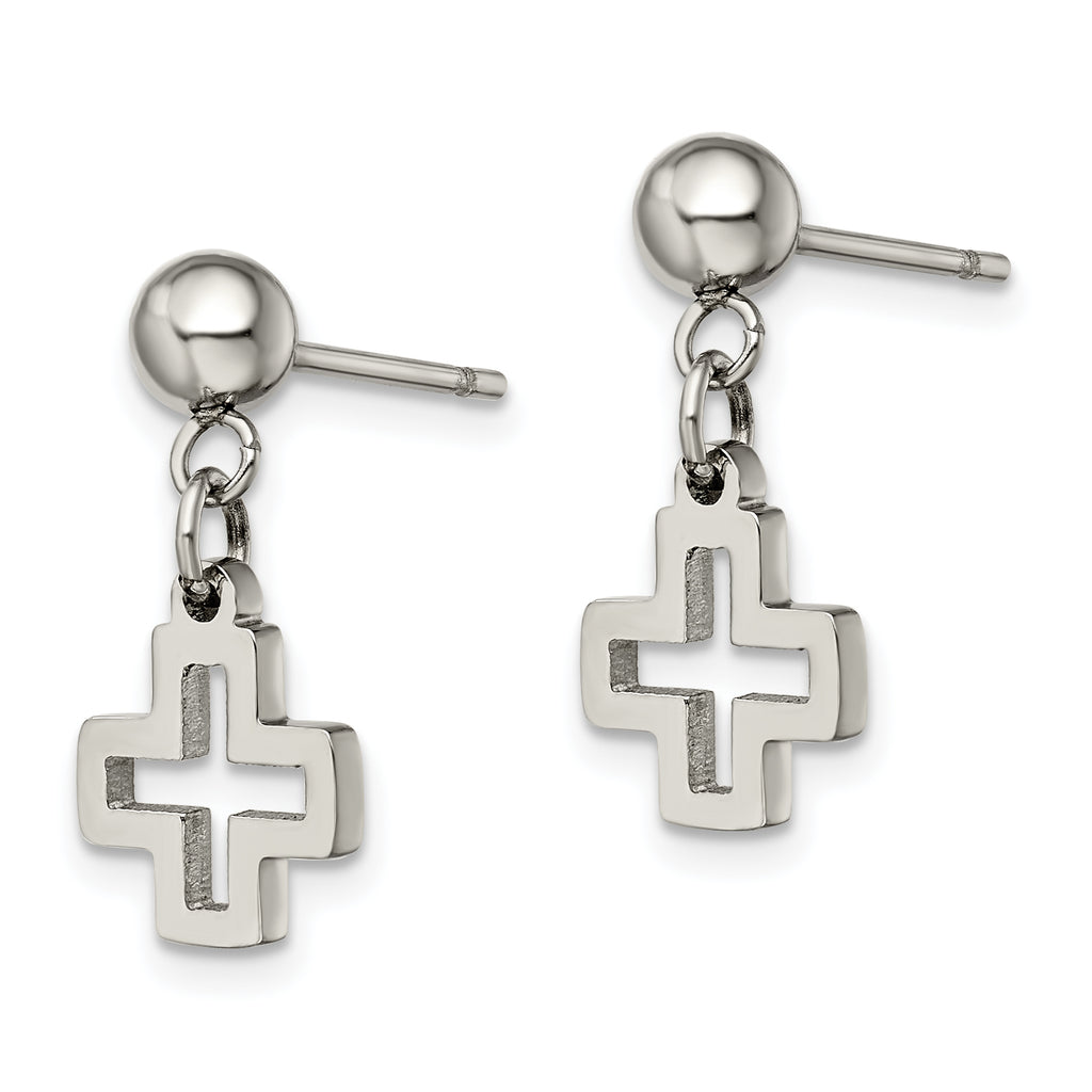 Polished Cross Dangle Earrings in Stainless Steel