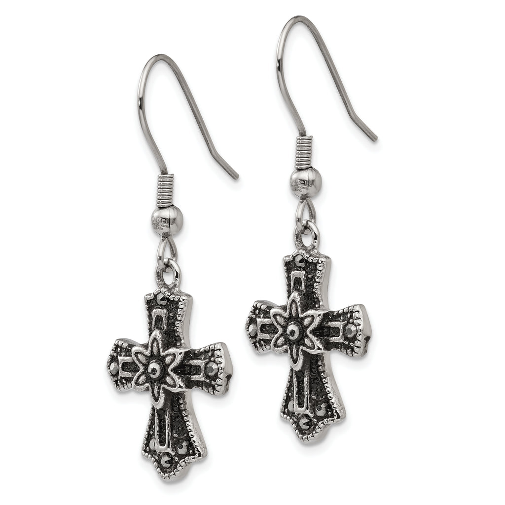 Black Crystal Cross Dangle Earrings in Stainless Steel