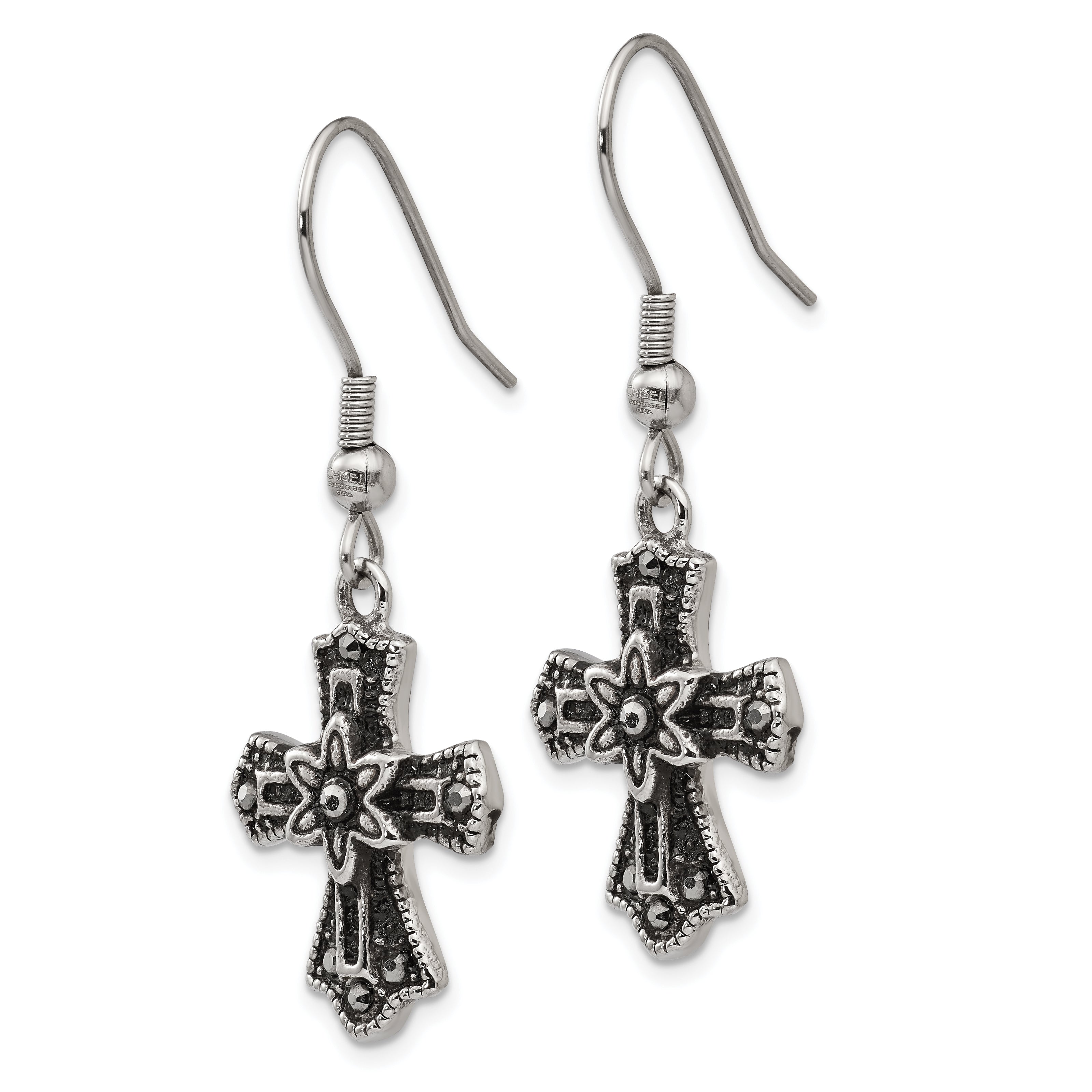 Black Crystal Cross Dangle Earrings in Stainless Steel