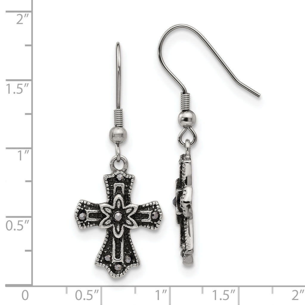 Black Crystal Cross Dangle Earrings in Stainless Steel