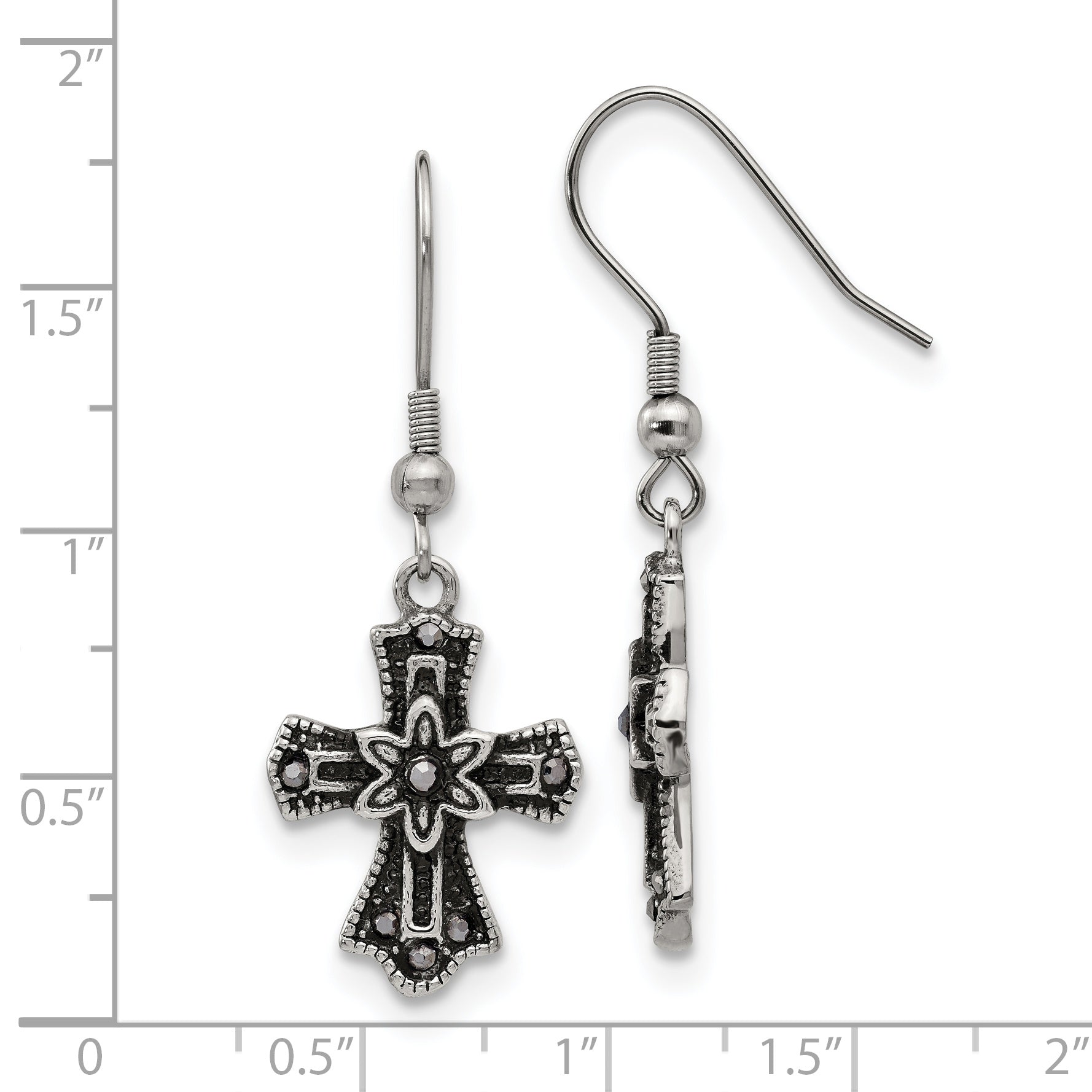 Black Crystal Cross Dangle Earrings in Stainless Steel
