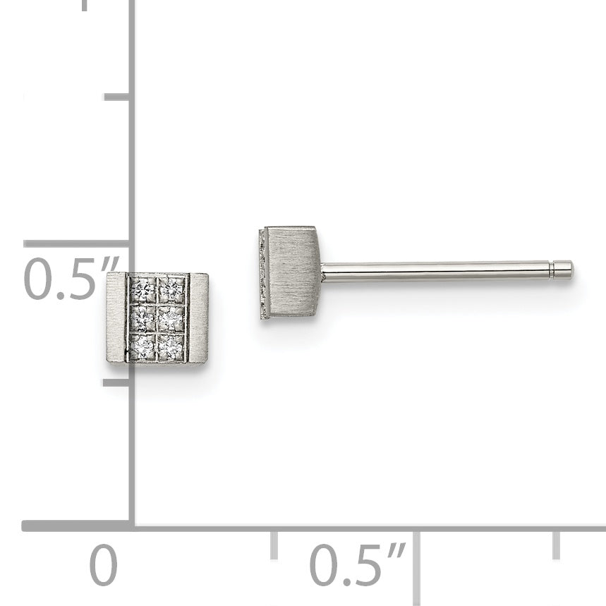 Brushed CZ Square Stud Earrings in Stainless Steel