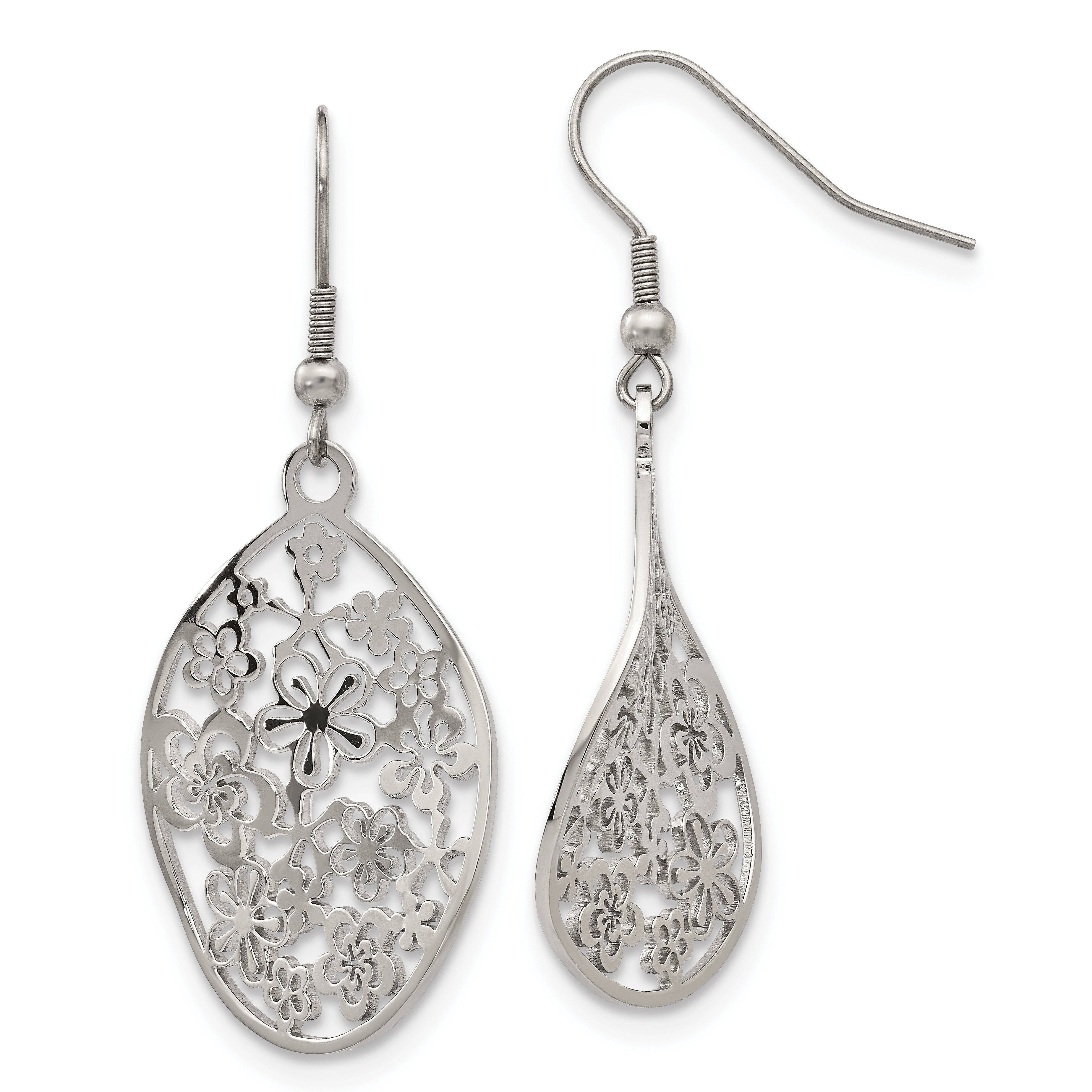 Chisel Stainless Steel Polished Flower Dangle Shepherd Hook Earrings