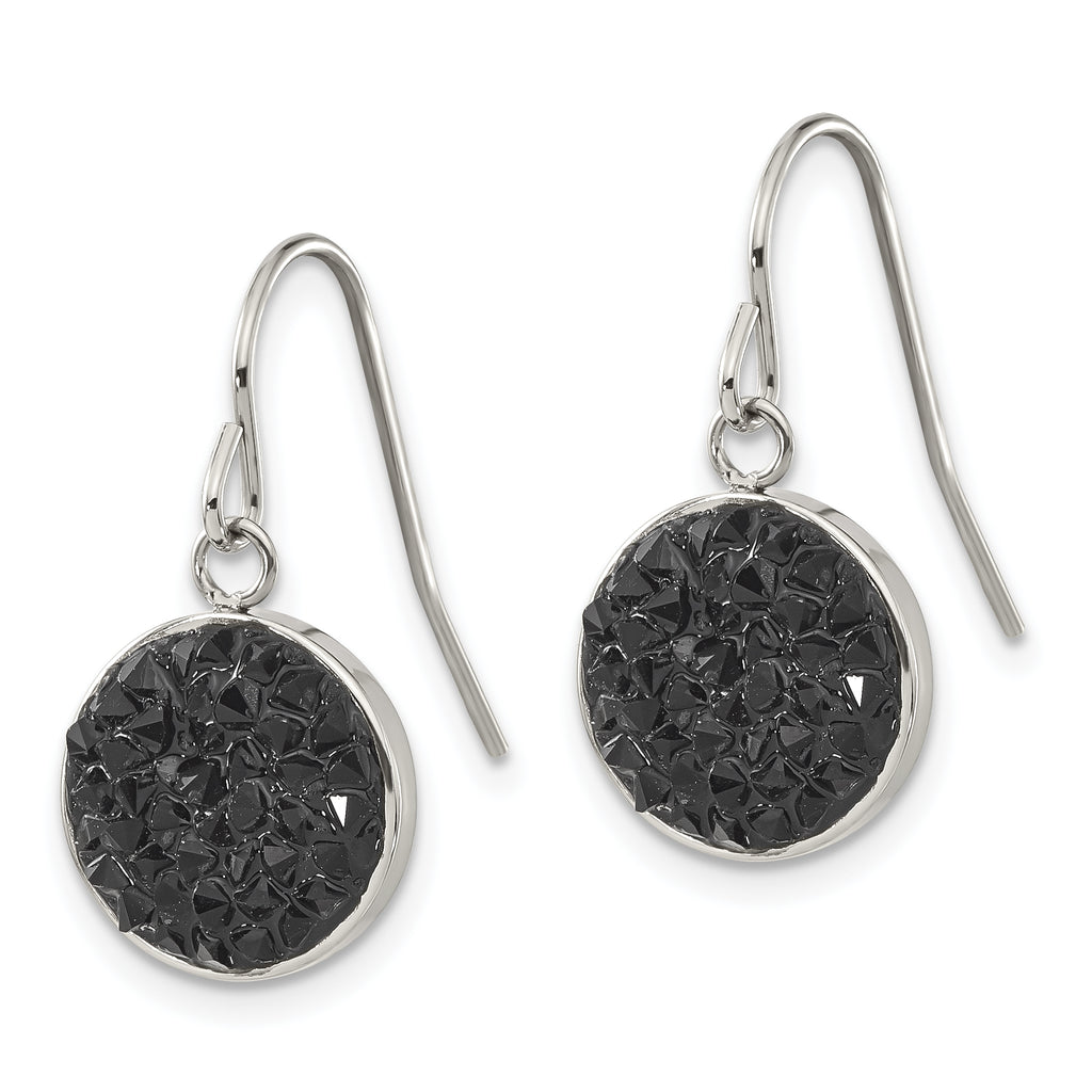 Black Crystal Circle Dangle Earrings in Stainless Steel