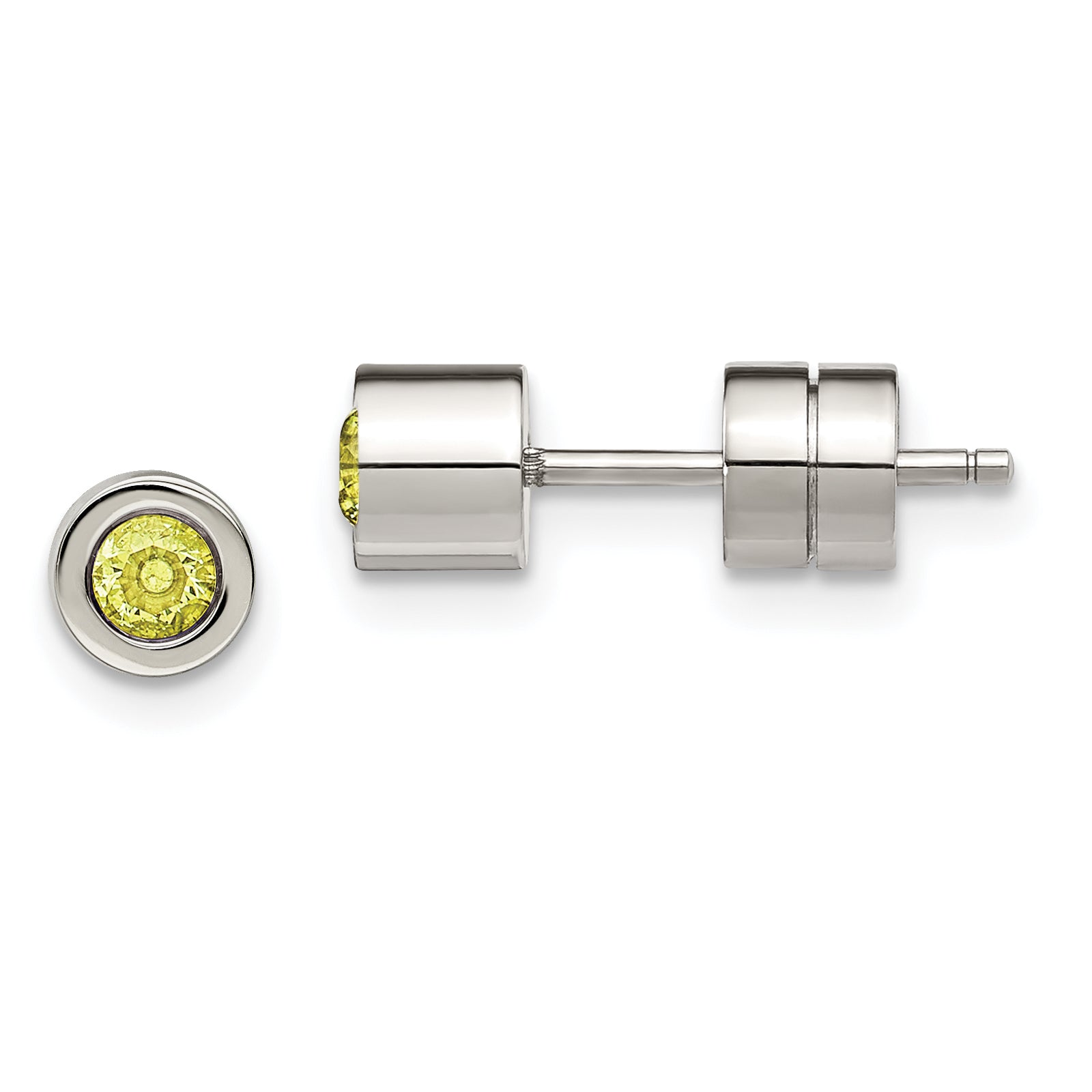 Chisel Stainless Steel Polished Green CZ August Birthstone Post Earrings