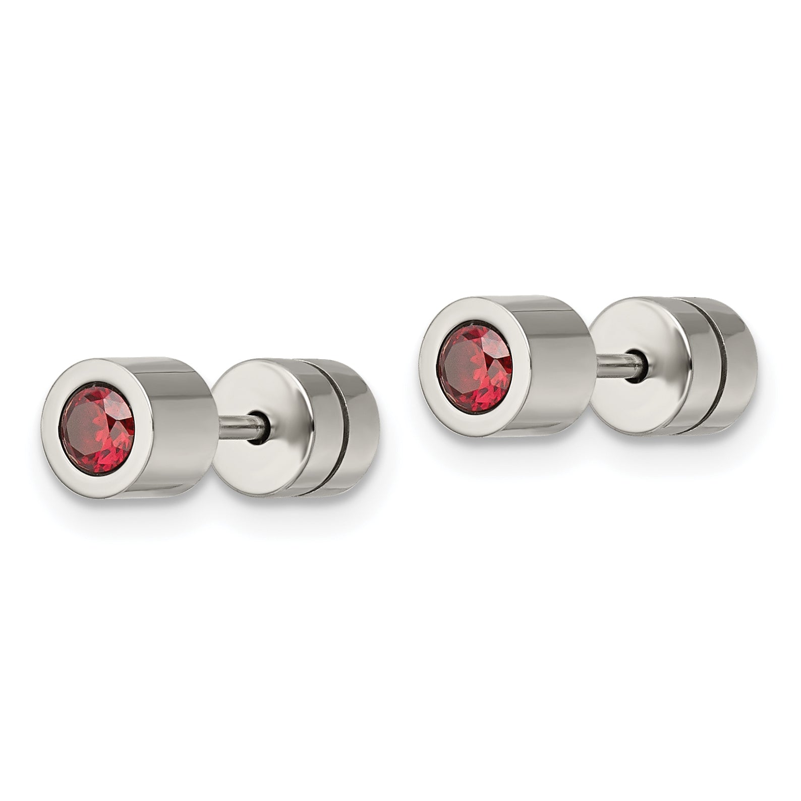 Stainless Steel Unisex Birthstone Stud Earrings with Polished Red CZ