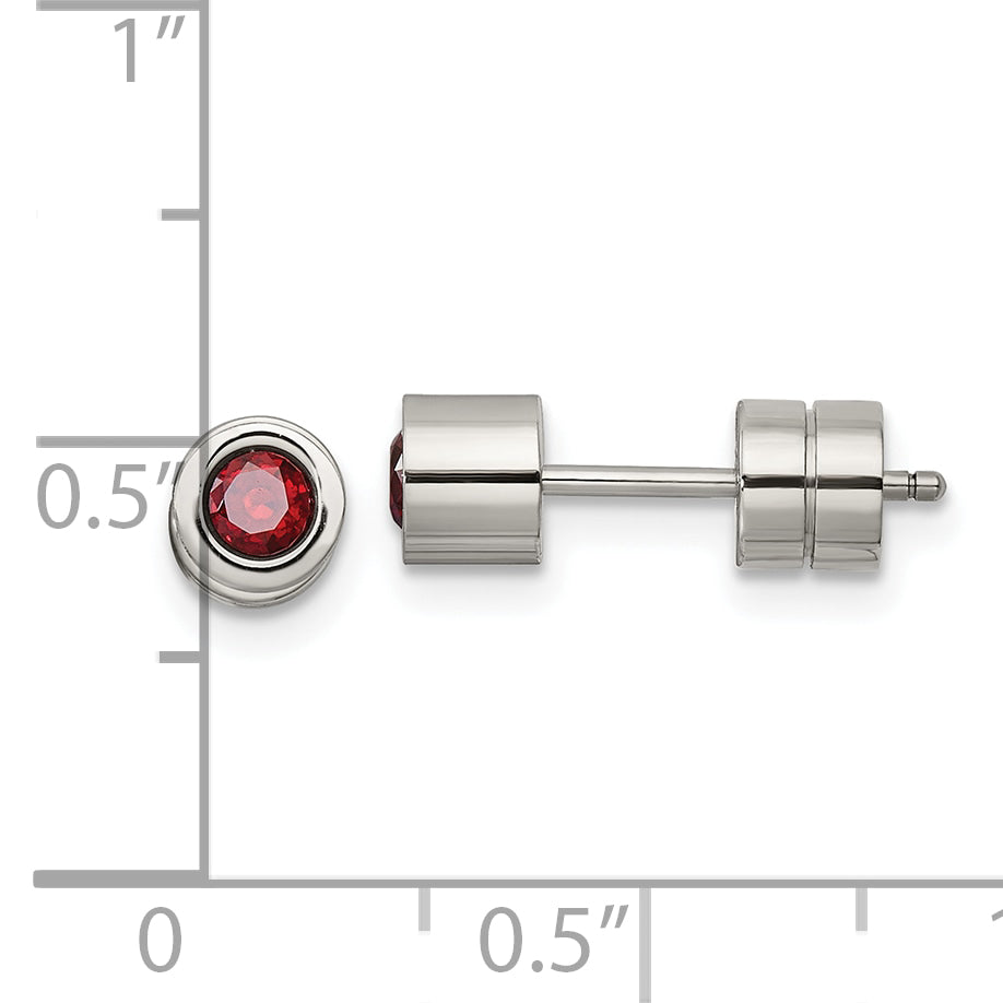 Stainless Steel Unisex Birthstone Stud Earrings with Polished Red CZ