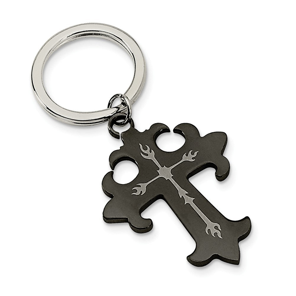 Chisel Stainless Steel Polished Black IP-plated Cross Key Ring
