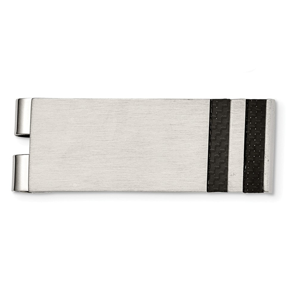 Stainless Steel Money Clip with Brushed Black Carbon Fiber Inlay Engravable and Modern Design