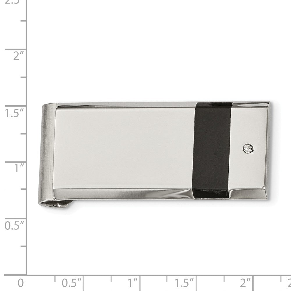Stainless Steel Polished Black Rubber and Cubic Zirconia Money Clip