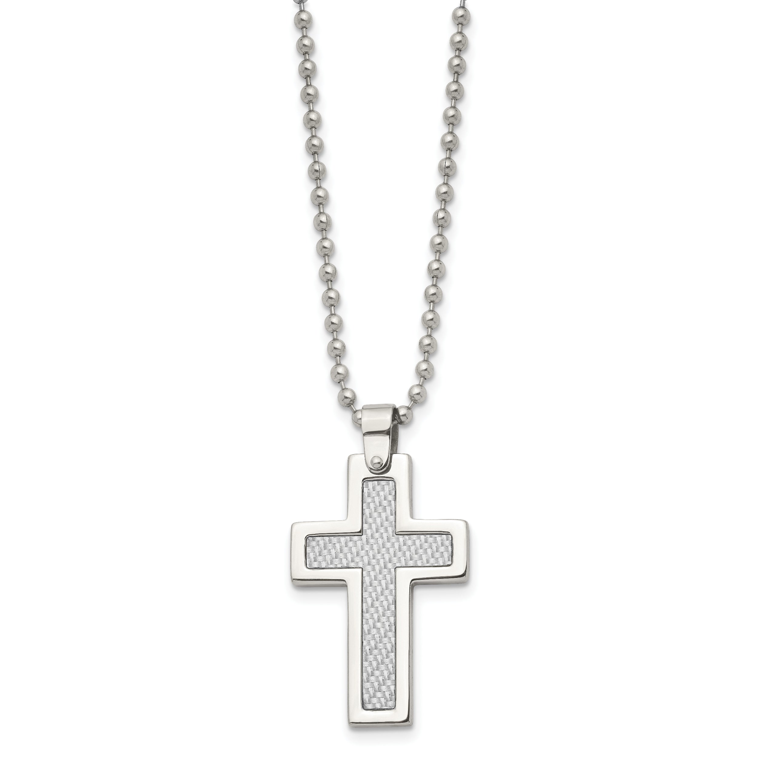 Chisel Stainless Steel Polished with Grey Carbon Fiber Inlay Cross Pendant on a 22 inch Ball Chain Necklace