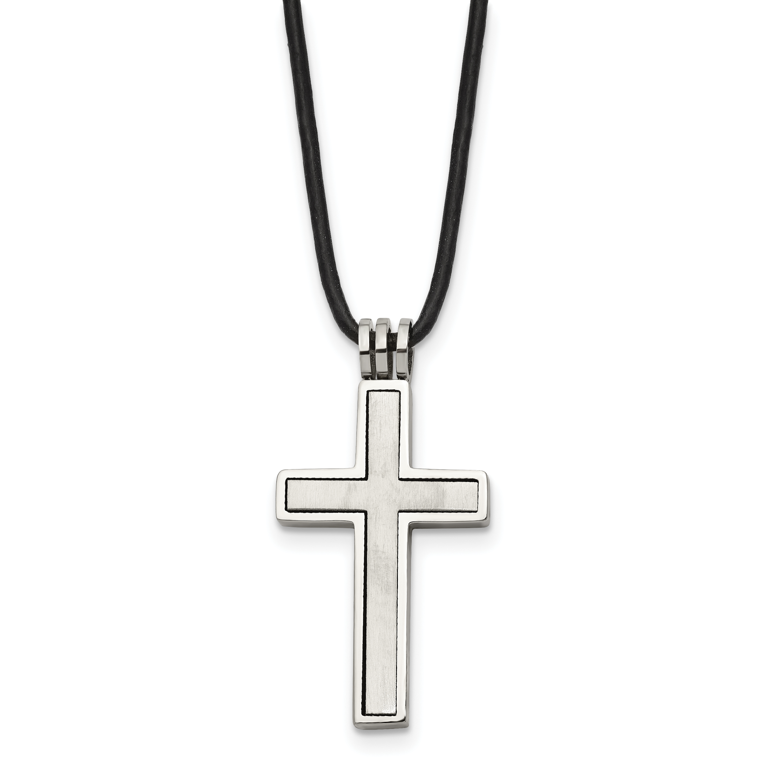 Chisel Stainless Steel Brushed and Polished 2 Piece Movable Cross Pendant on an 18 inch Leather Cord Necklace Main image