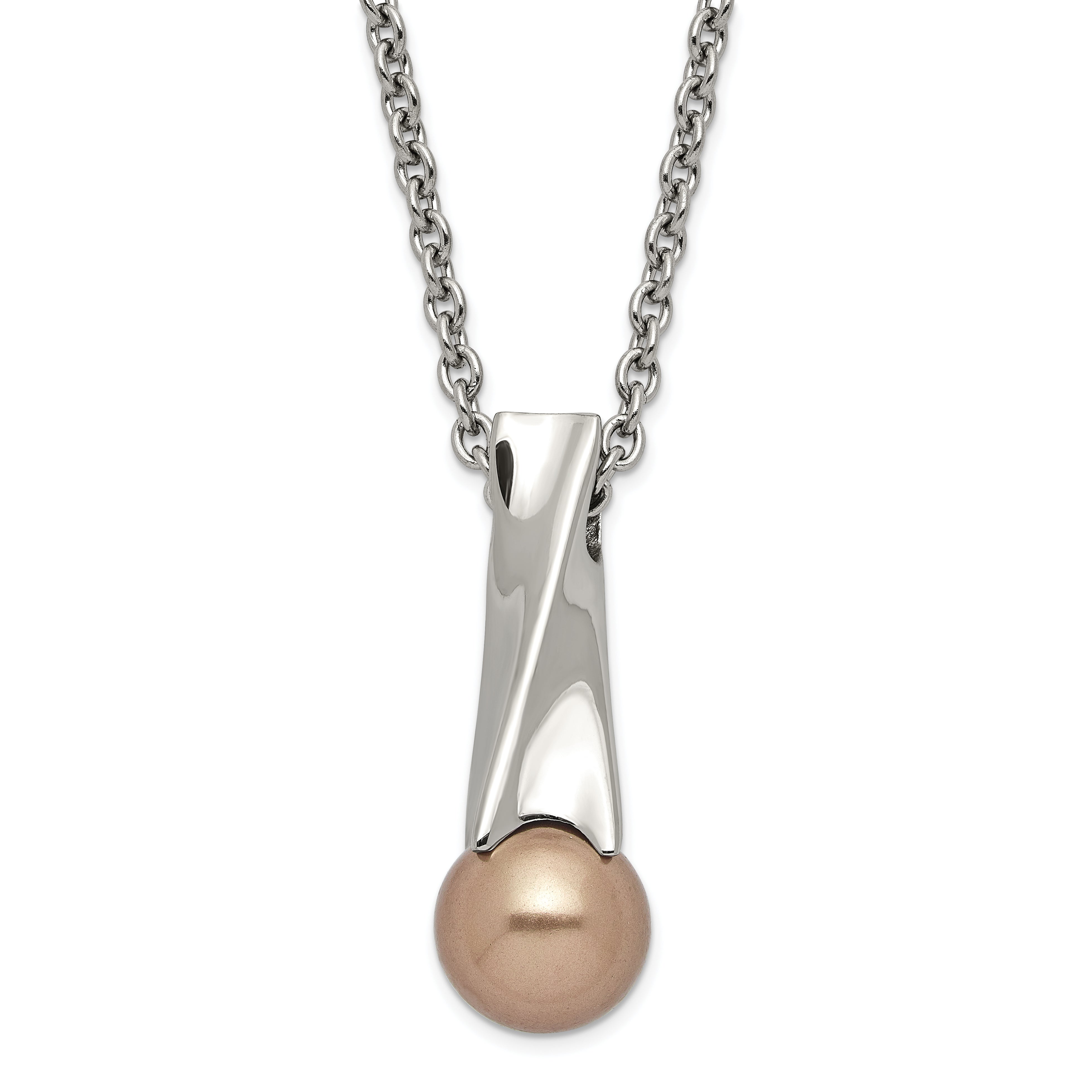 Stainless Steel Polished Champagne Simulated Pearl & CZ Pendant Necklace