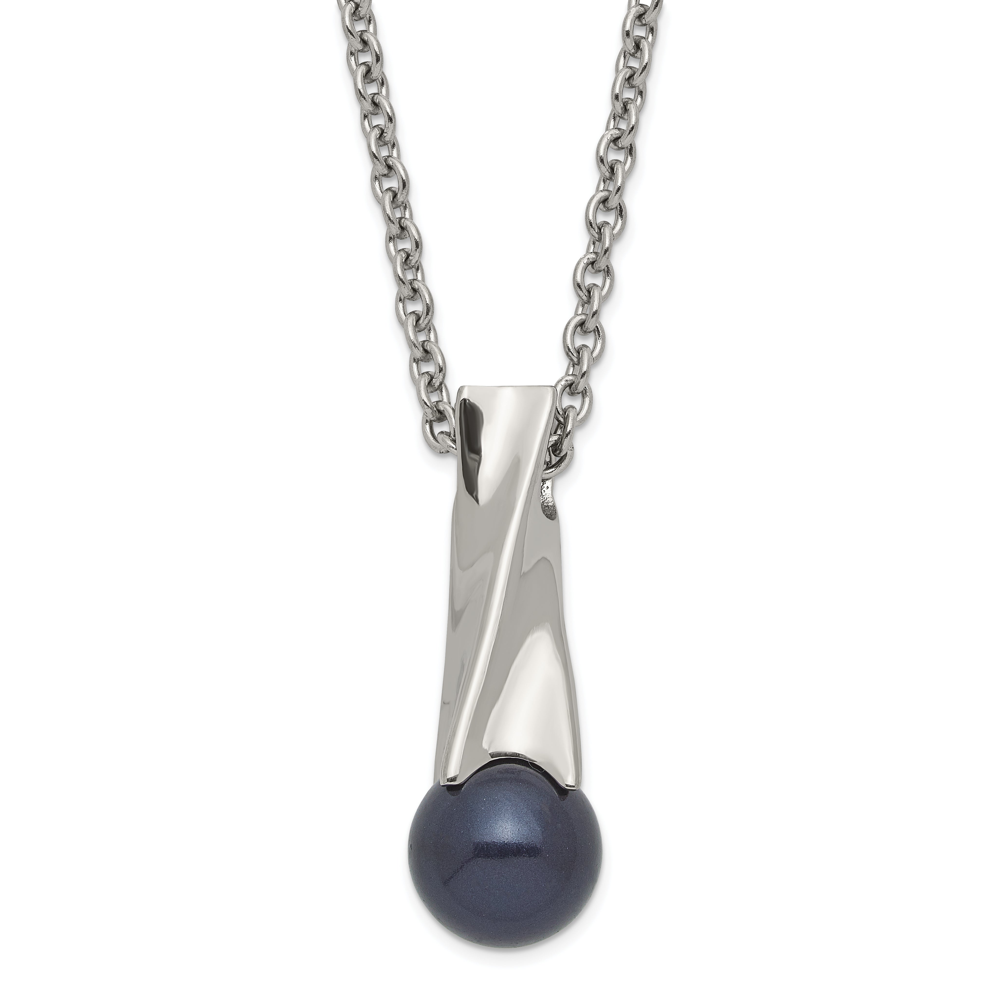 Stainless Steel Polished Blue Simulated Pearl & CZ Necklace
