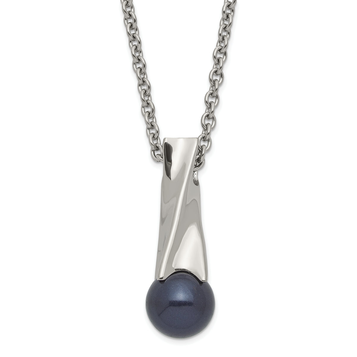 Stainless Steel Polished Blue Simulated Pearl & CZ Necklace