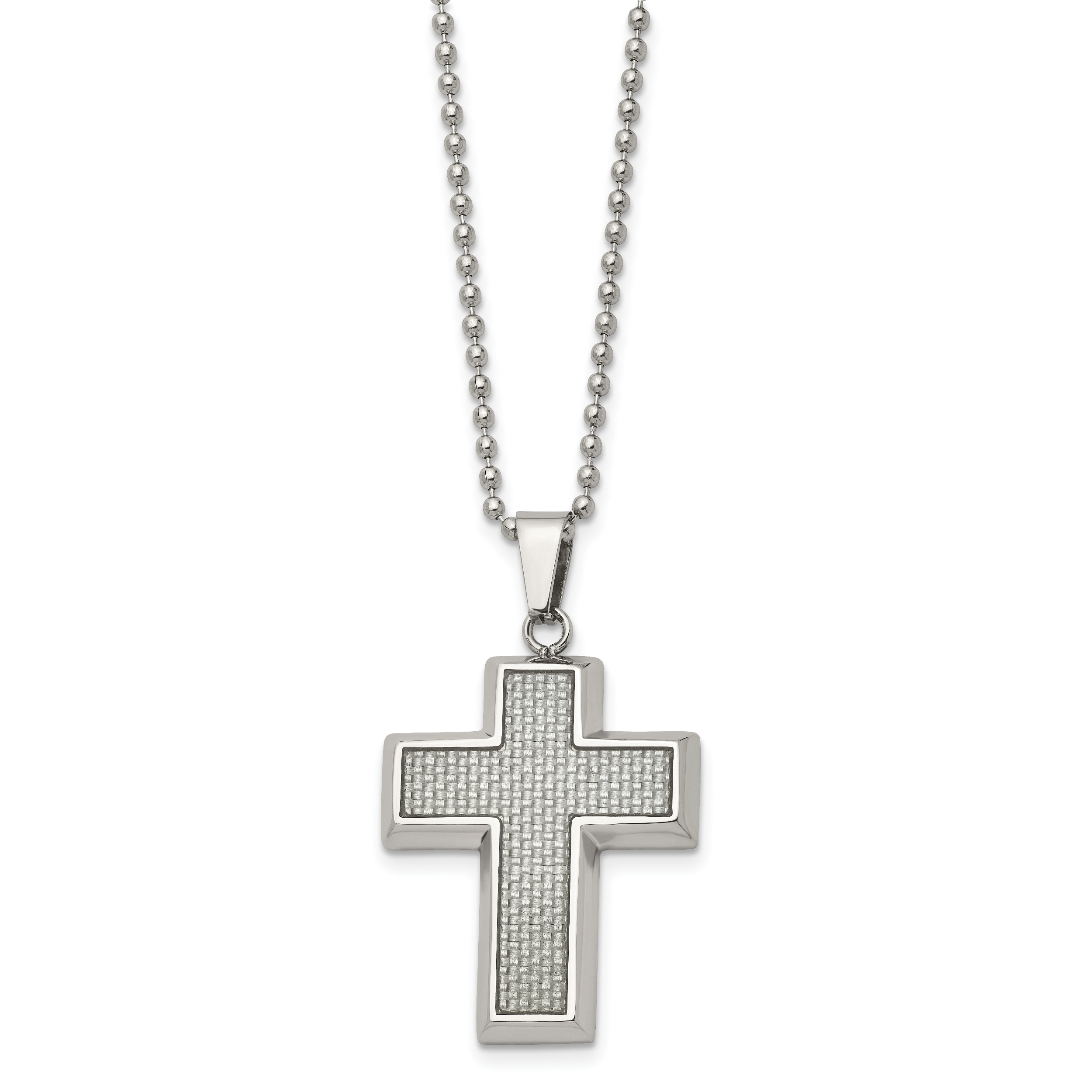 Chisel Stainless Steel Polished with Grey Carbon Fiber Inlay Cross Pendant on a 22 inch Ball Chain Necklace Main image