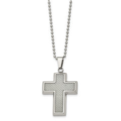 Chisel Stainless Steel Polished with Grey Carbon Fiber Inlay Cross Pendant on a 22 inch Ball Chain Necklace