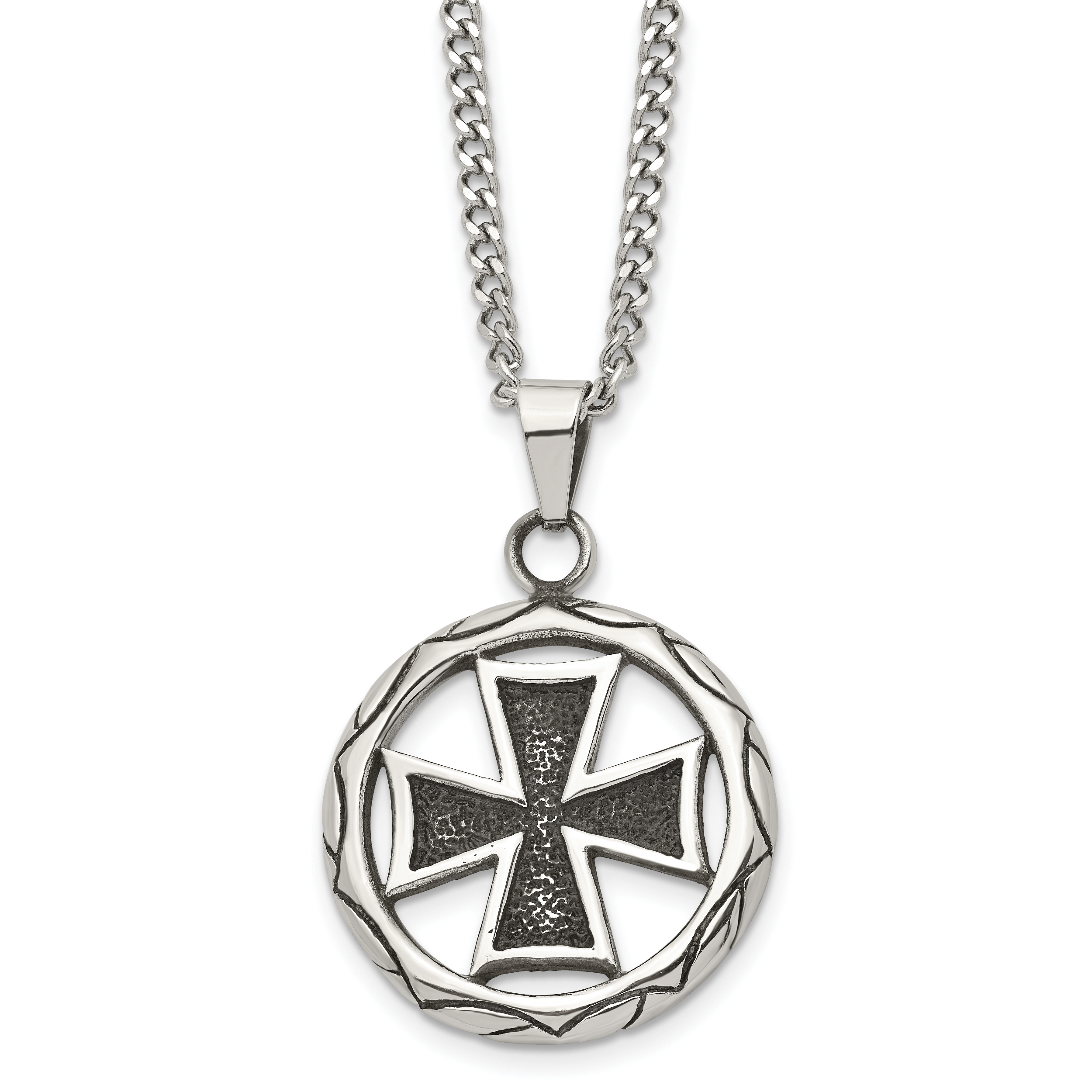 Chisel Stainless Steel Antiqued and Polished Cross in Circle Pendant on a 22 inch Curb Chain Necklace Main image