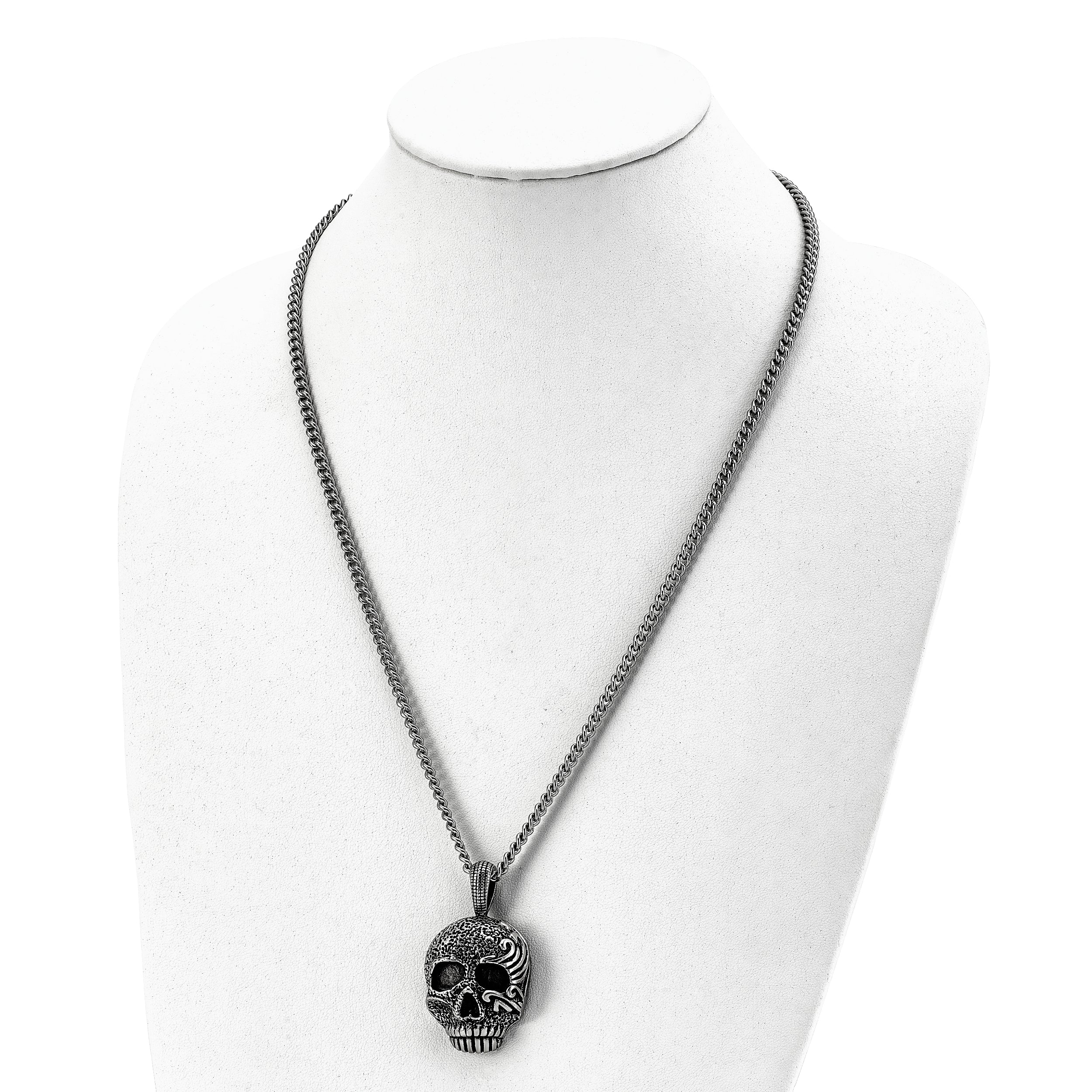 Sophia Jewelers Men's Antiqued Stainless Steel Skull Pendant Necklace Gift Ready