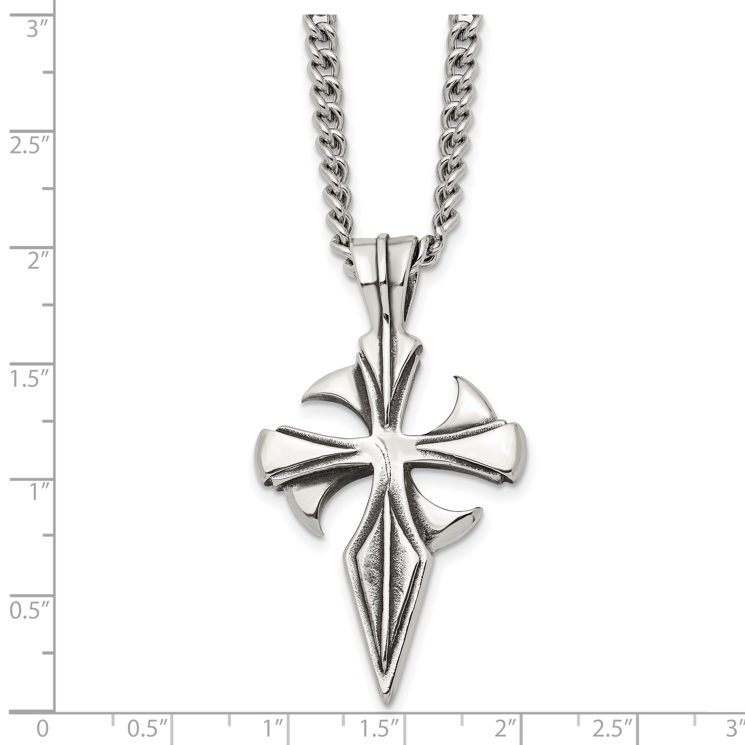 Stainless Steel Dagger Cross Pendant Necklace with Polished Antiqued Finish