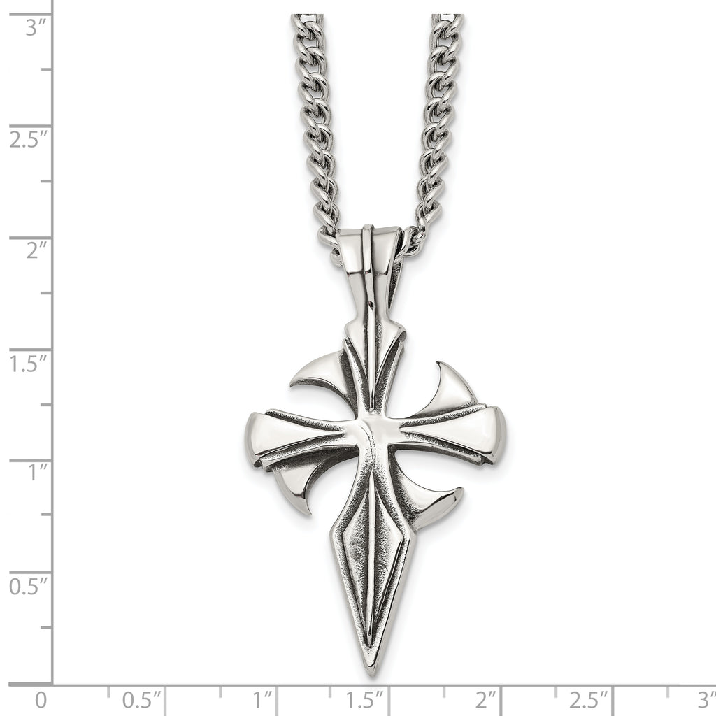 Stainless Steel Dagger Cross Pendant Necklace with Polished Antiqued Finish
