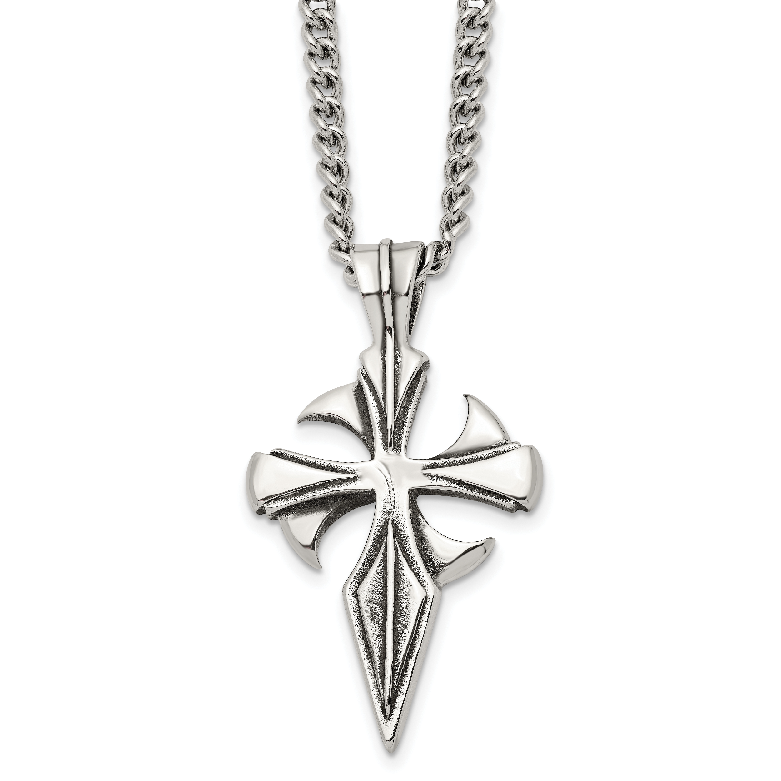 Chisel Stainless Steel Antiqued and Polished Dagger Cross Pendant on a 22 inch Curb Chain Necklace Main image