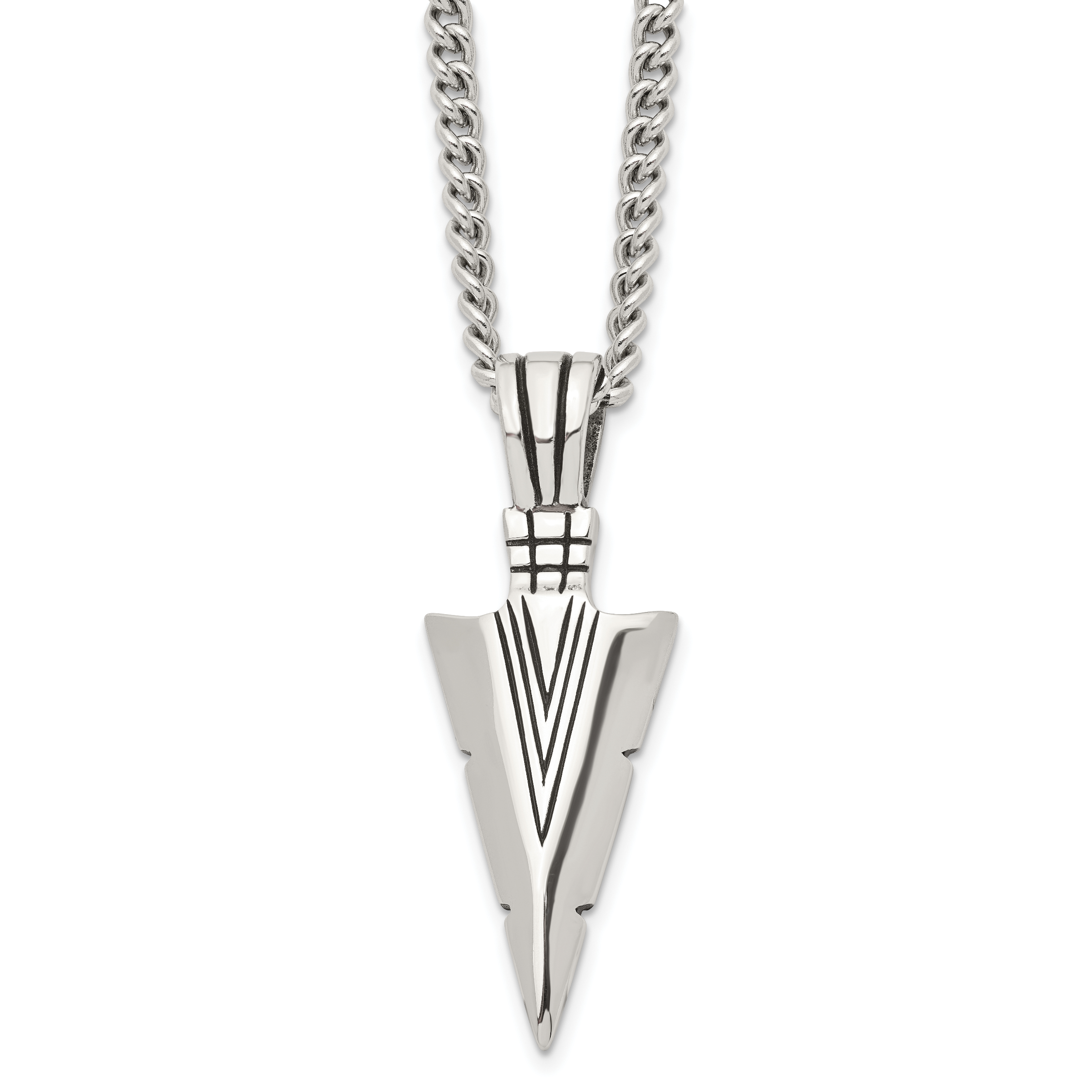 Chisel Stainless Steel Antiqued and Polished Dagger Pendant on a 22 inch Curb Chain Necklace Main image