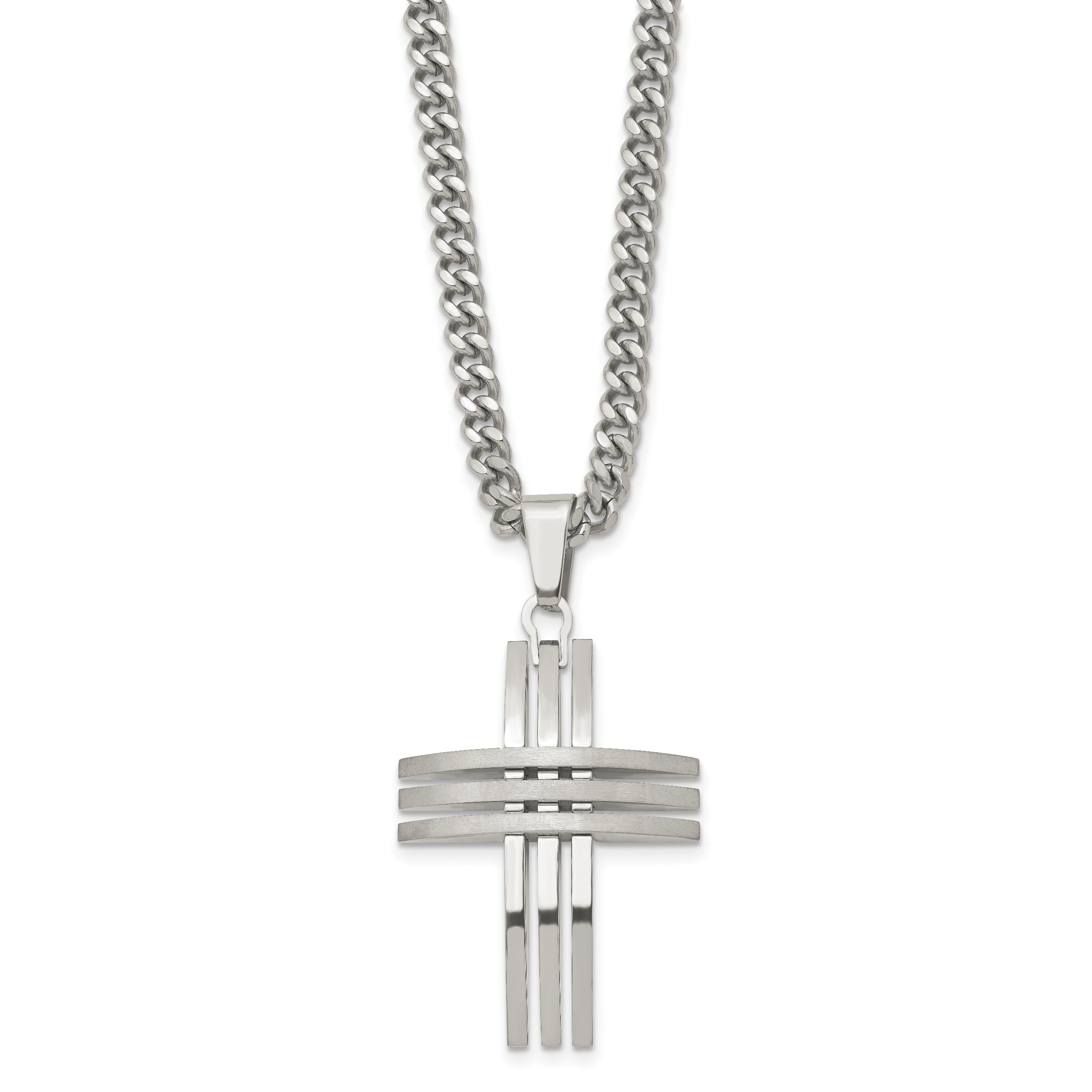 Men's Stainless Steel Cross Necklace with Brushed & Polished Finish 24 Curb Chain