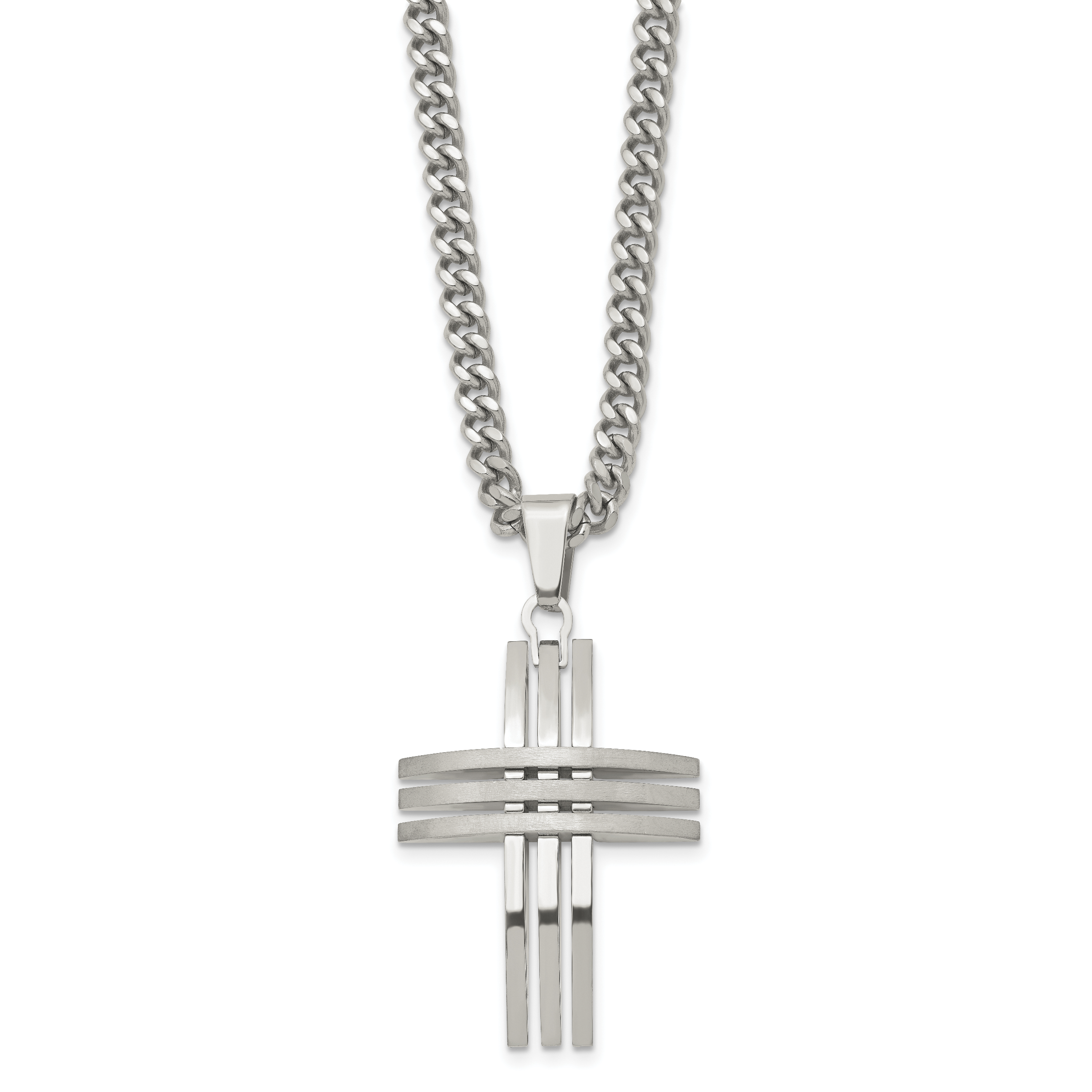 Men's Stainless Steel Cross Necklace with Brushed & Polished Finish 24 Curb Chain