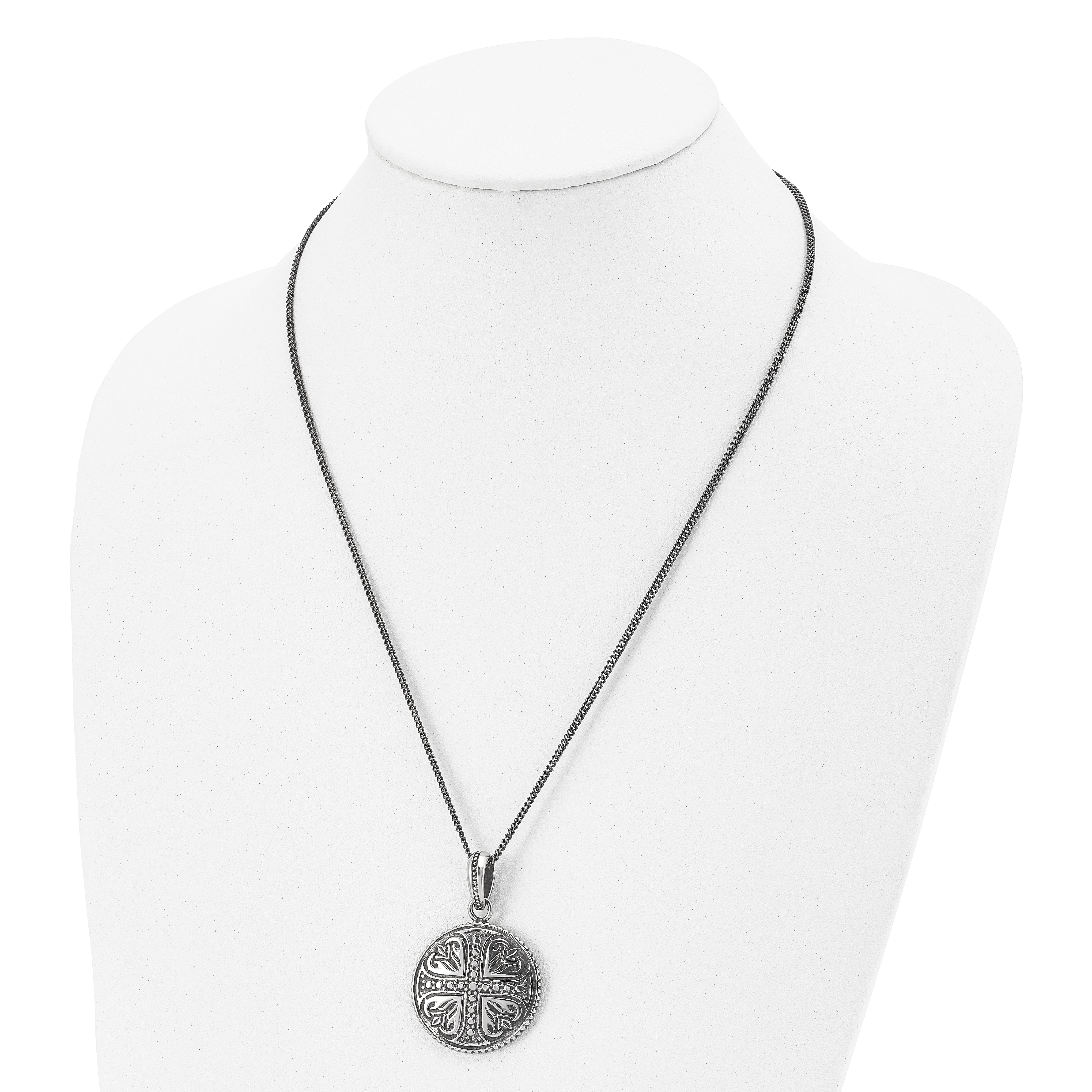 Stainless Steel Antiqued and Polished Cross Circle 22in Necklace
