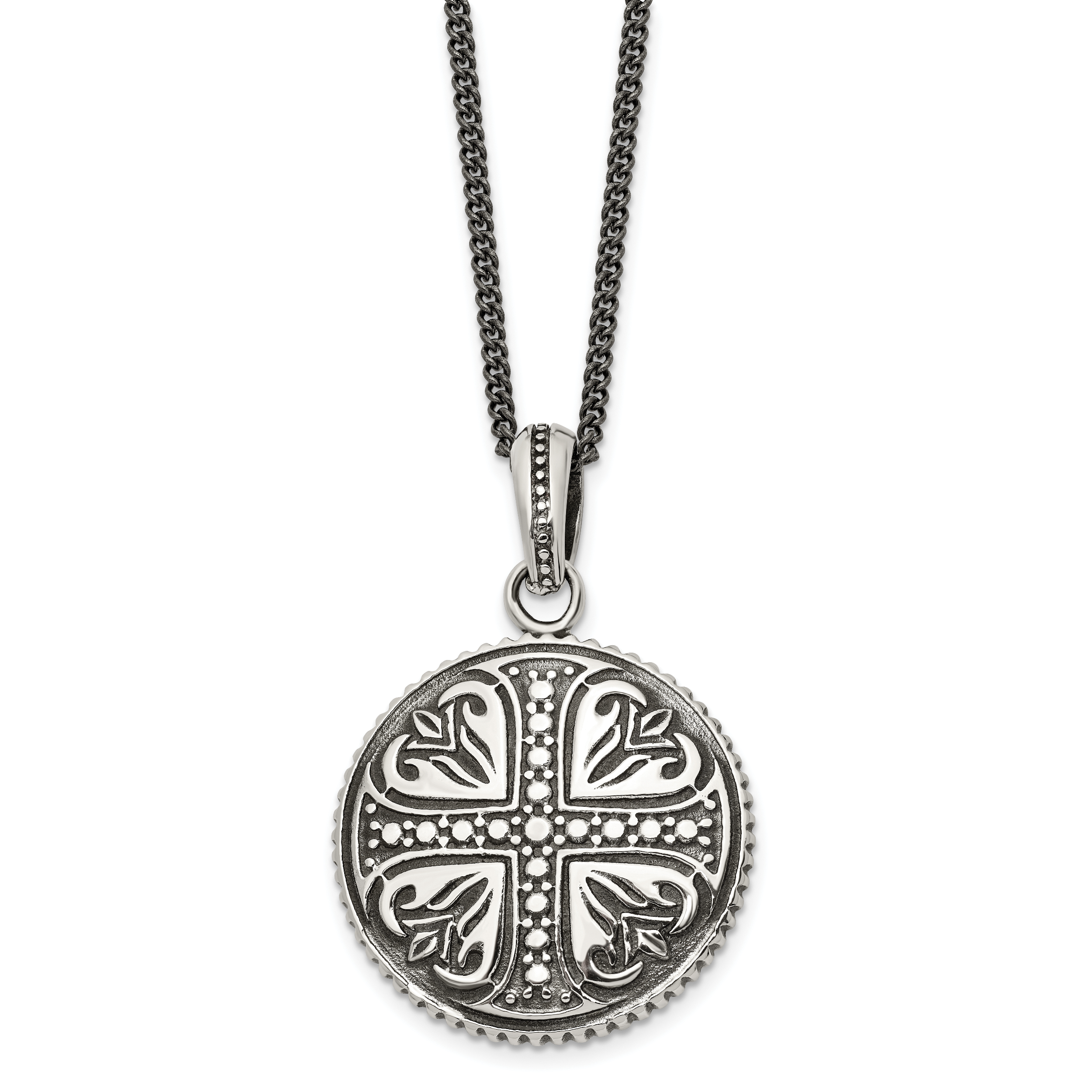 Stainless Steel Antiqued and Polished Cross Circle 22in Necklace Main image