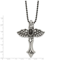 Stainless Steel Antiqued w/Syn Black Agate Cross w/Wings 24in Necklace