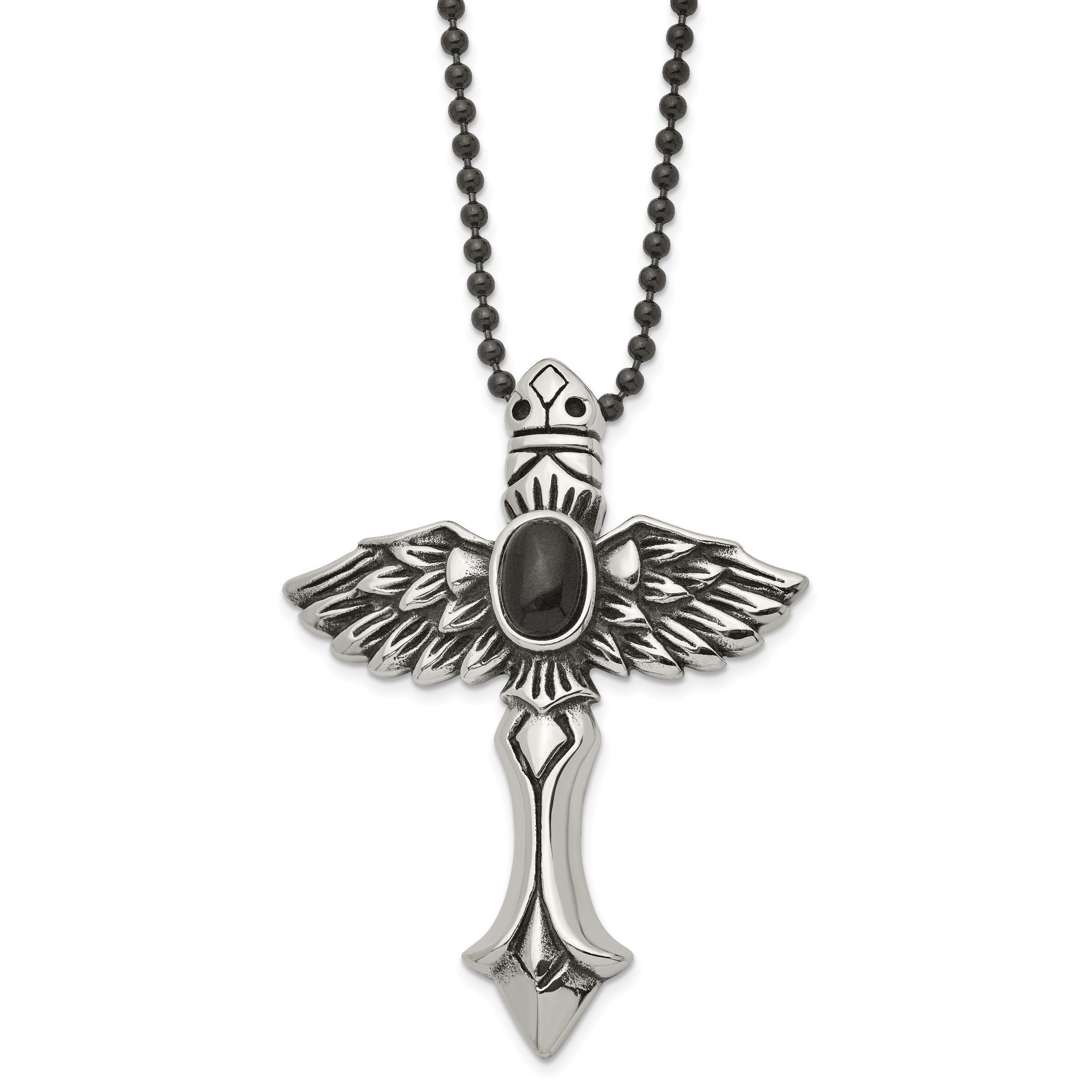 Stainless Steel Antiqued w/Syn Black Agate Cross w/Wings 24in Necklace Main image