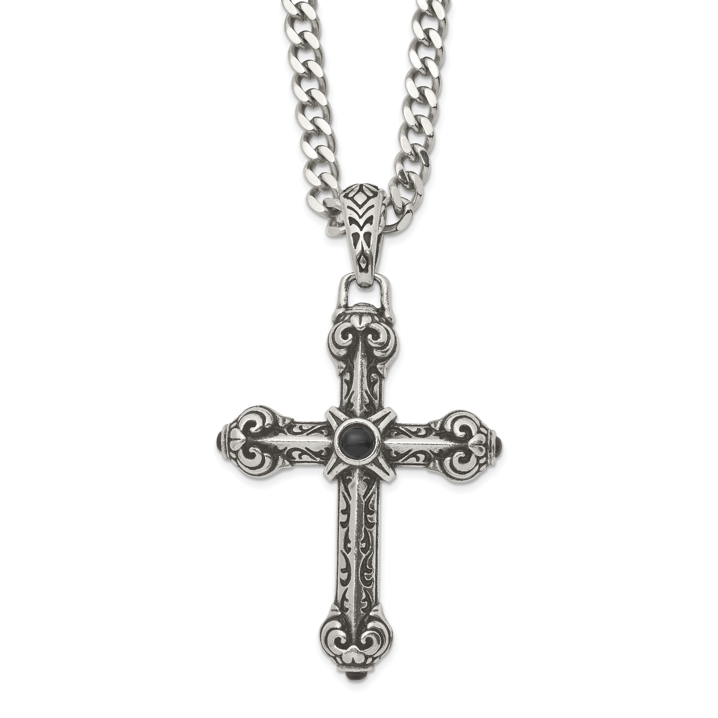 Chisel Stainless Steel Antiqued and Polished with Synthetic Black Agate Cross Pendant on a 24 inch Curb Chain Necklace Main image