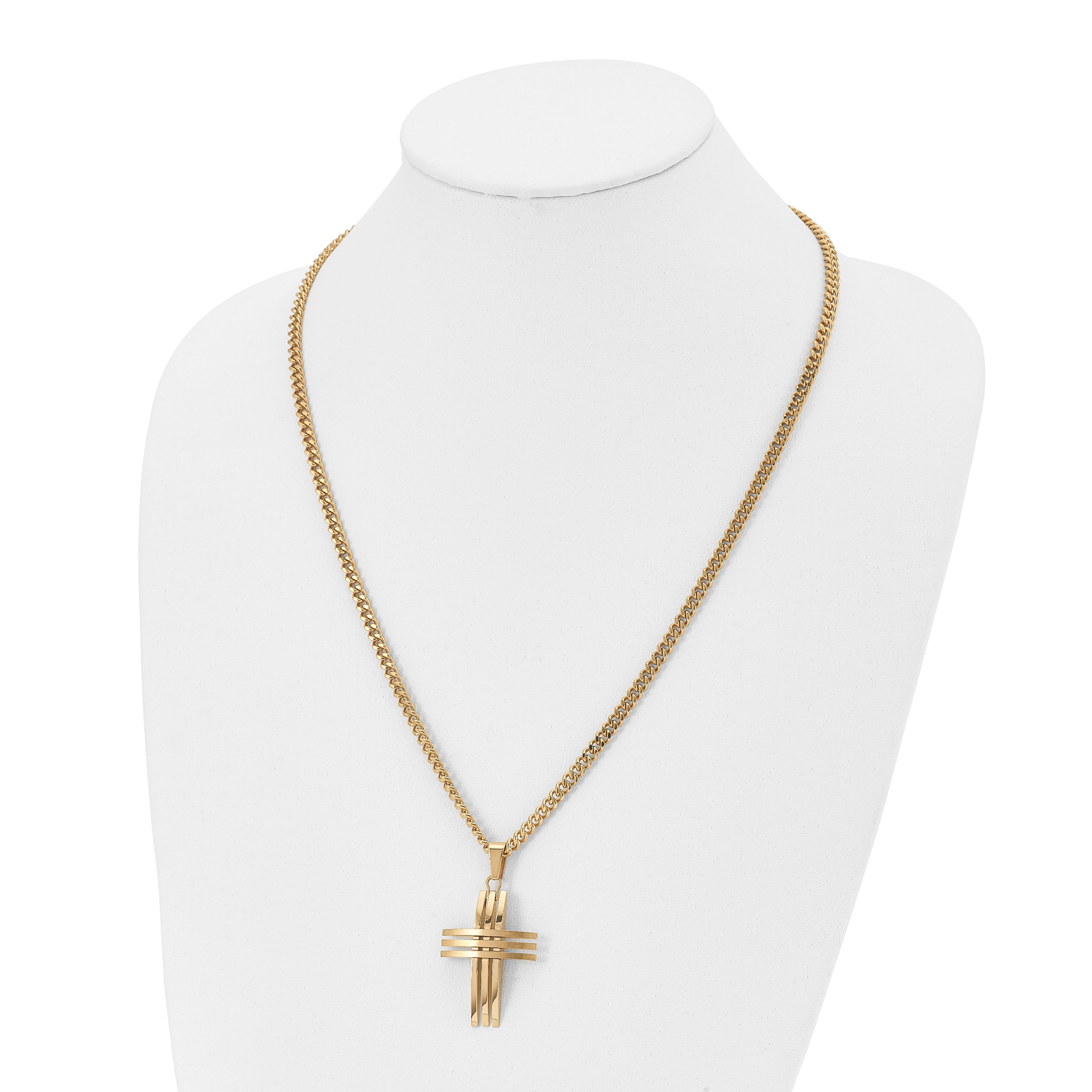 Stainless Steel Gold-Tone Men's Cross Pendant Necklace with Polished Finish - 24