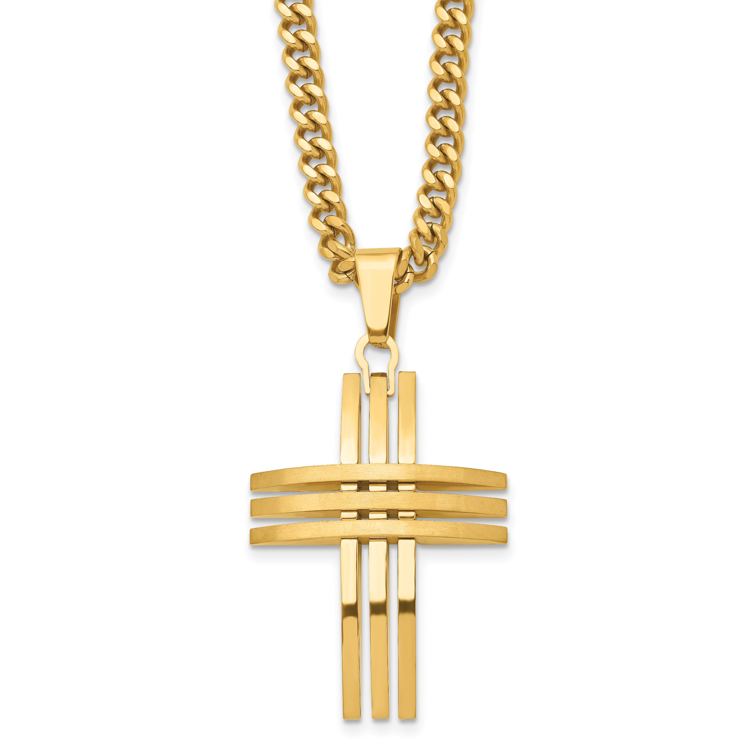 Chisel Stainless Steel Brushed and Polished Yellow IP-plated Cross Pendant on a 24 inch Curb Chain Necklace