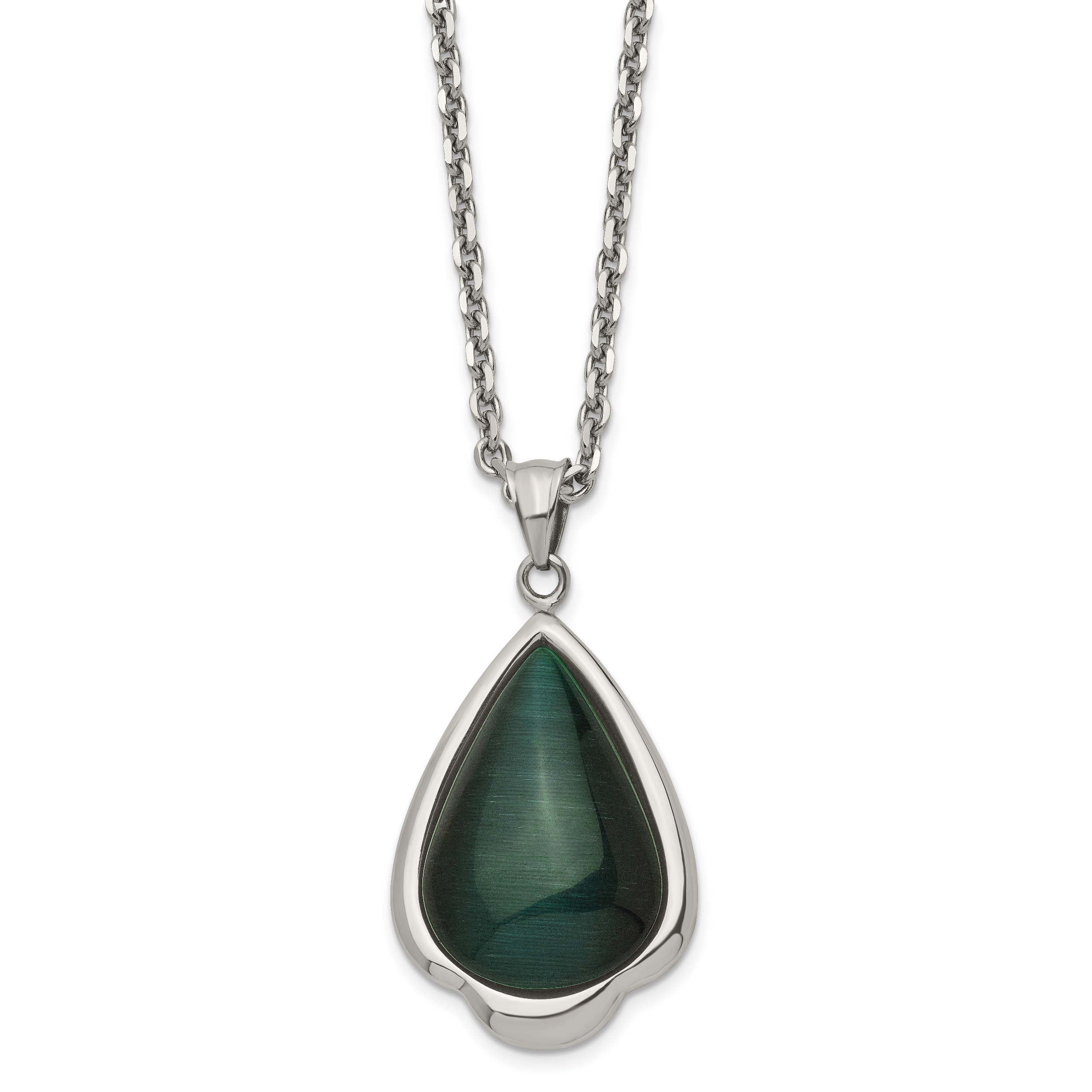 Stainless Steel Polished Synthetic Green Cats Eye Teardrop 20in Necklace Main image