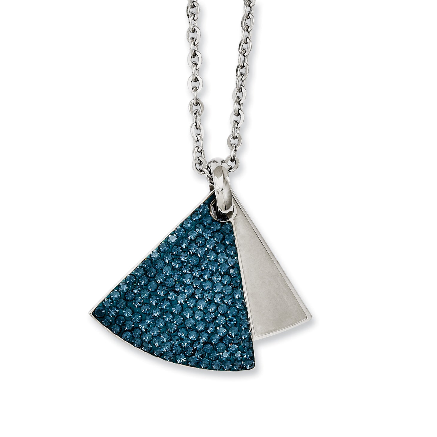 Stainless Steel 20 inch Blue Crystal & Brushed Triangle Necklace