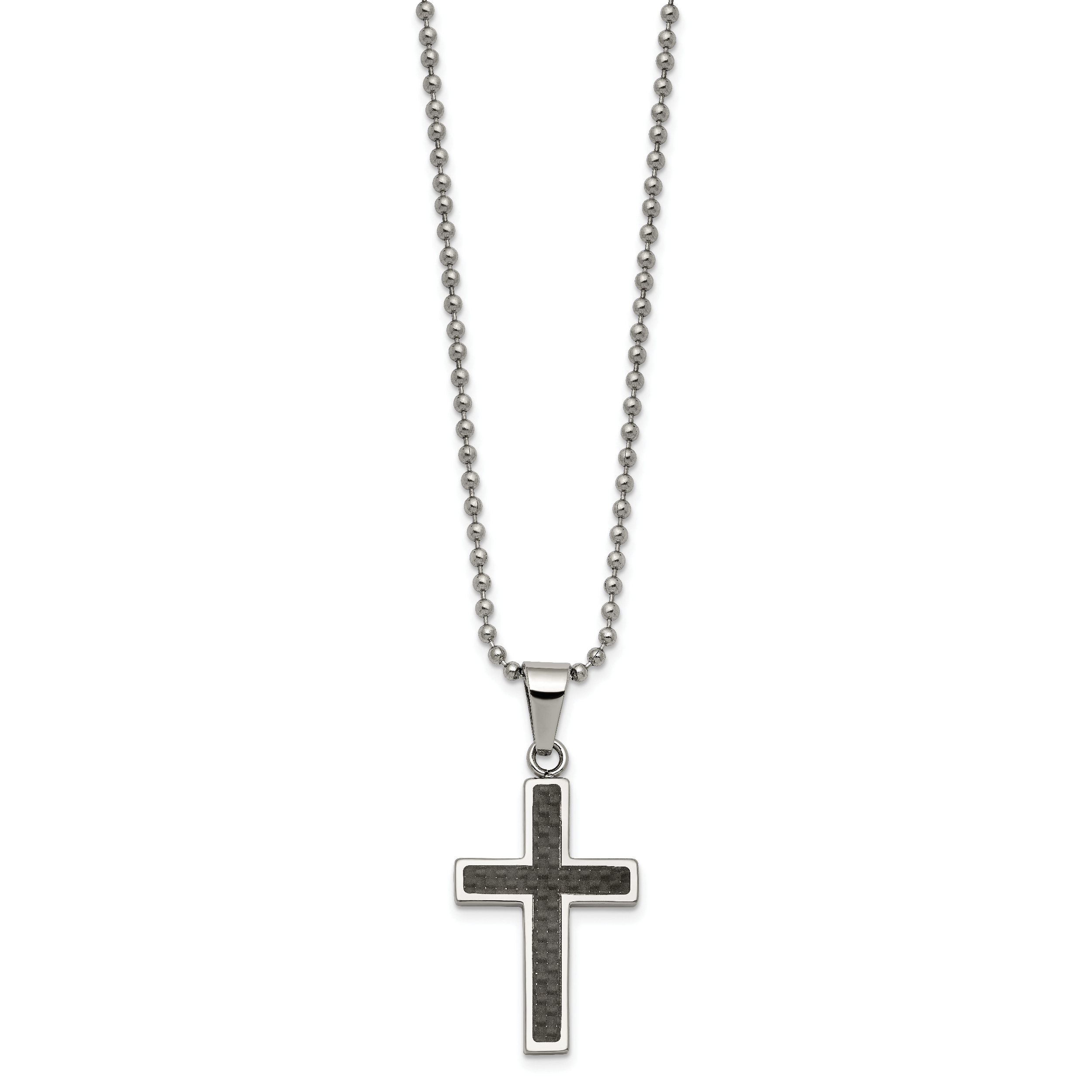 Chisel Stainless Steel Polished with Black Carbon Fiber Inlay Cross Pendant on a 22 inch Ball Chain Necklace Secondary image