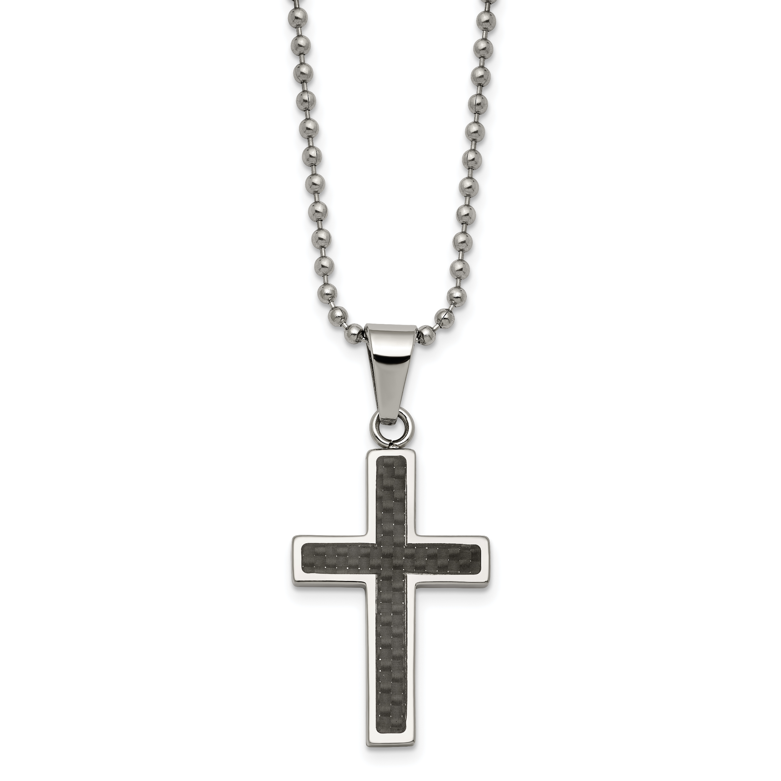 Chisel Stainless Steel Polished with Black Carbon Fiber Inlay Cross Pendant on a 22 inch Ball Chain Necklace Main image