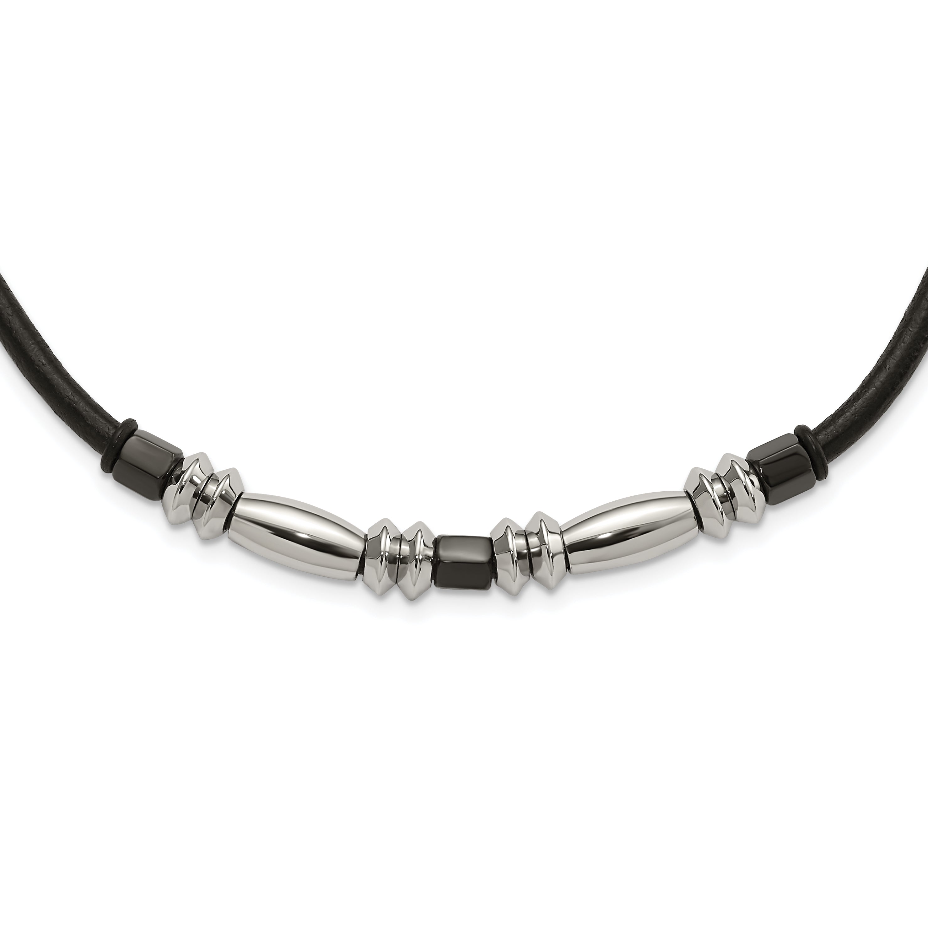 Stainless Steel Polished & Hematite Beads Leather Cord Necklace Main image