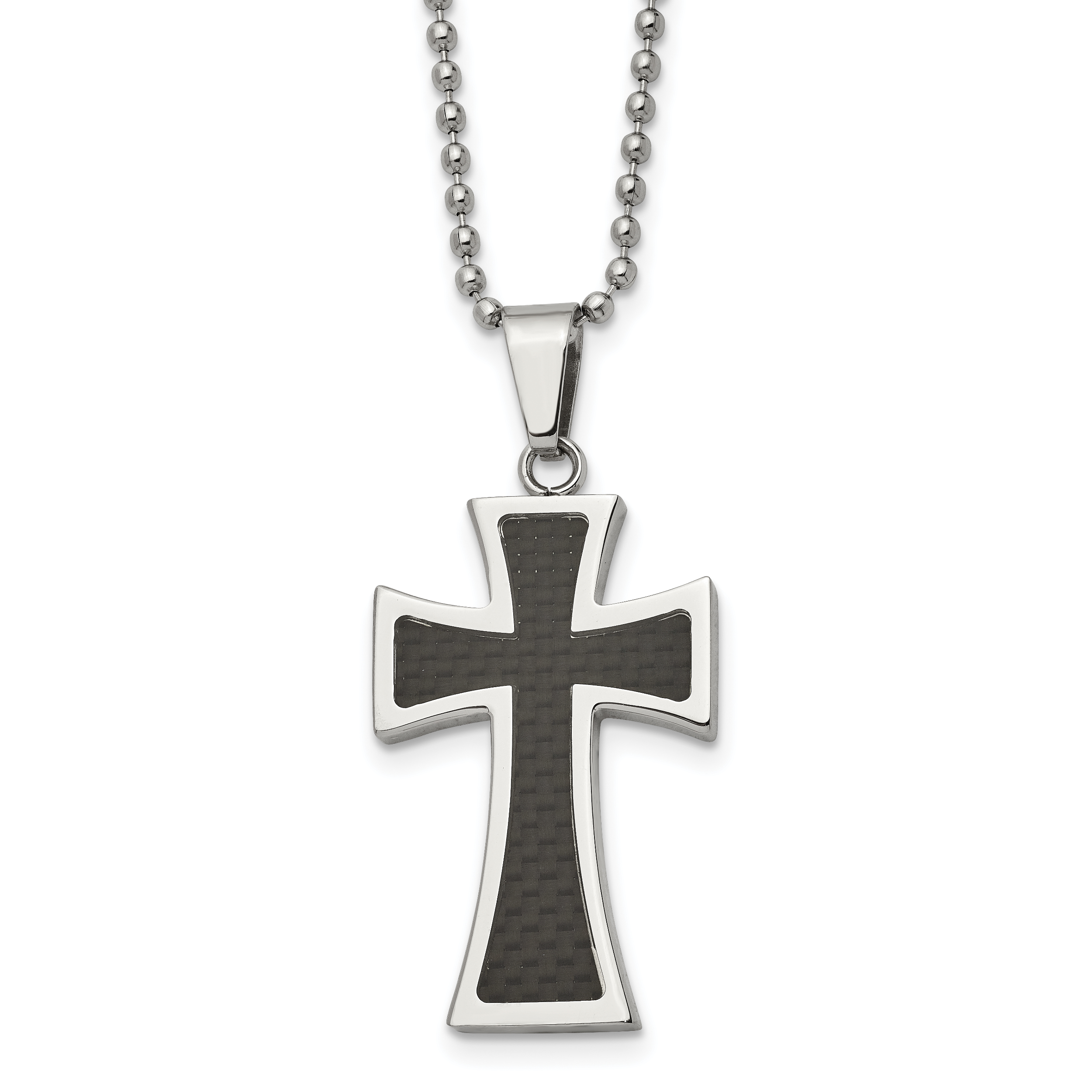 Chisel Stainless Steel Polished with Carbon Fiber Inlay Cross Pendant on a 22 inch Ball Chain Necklace Main image