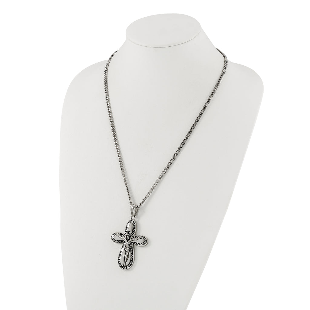 Stainless Steel Antiqued & Polished Crucifix Necklace