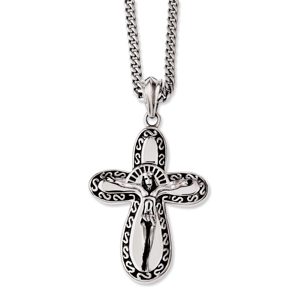 Sophia Jewelers Stainless Steel Crucifix Necklace with Polished Antiqued Finish