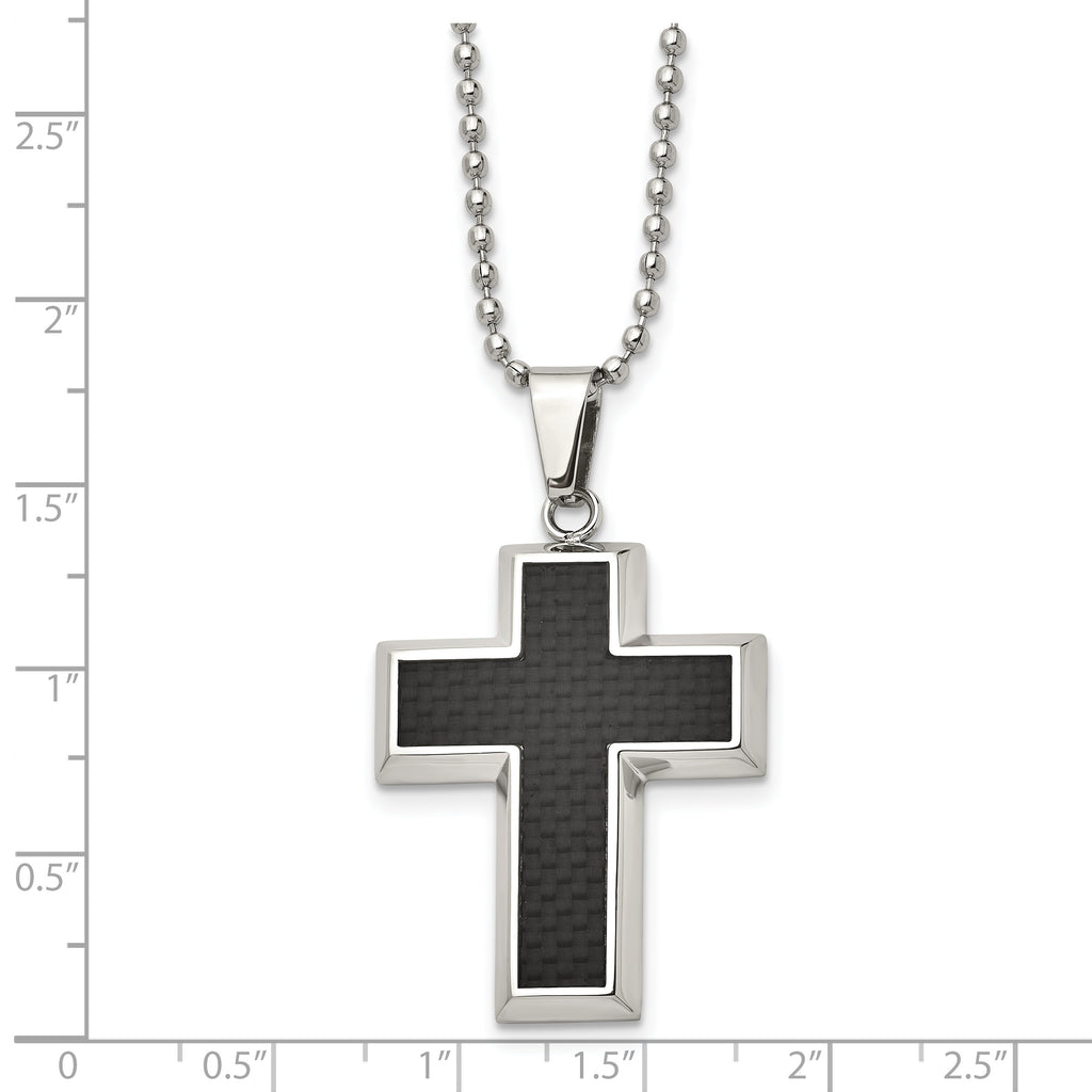 Sophia Jewelers Men's Stainless Steel Cross Pendant Necklace with Black Carbon Fiber
