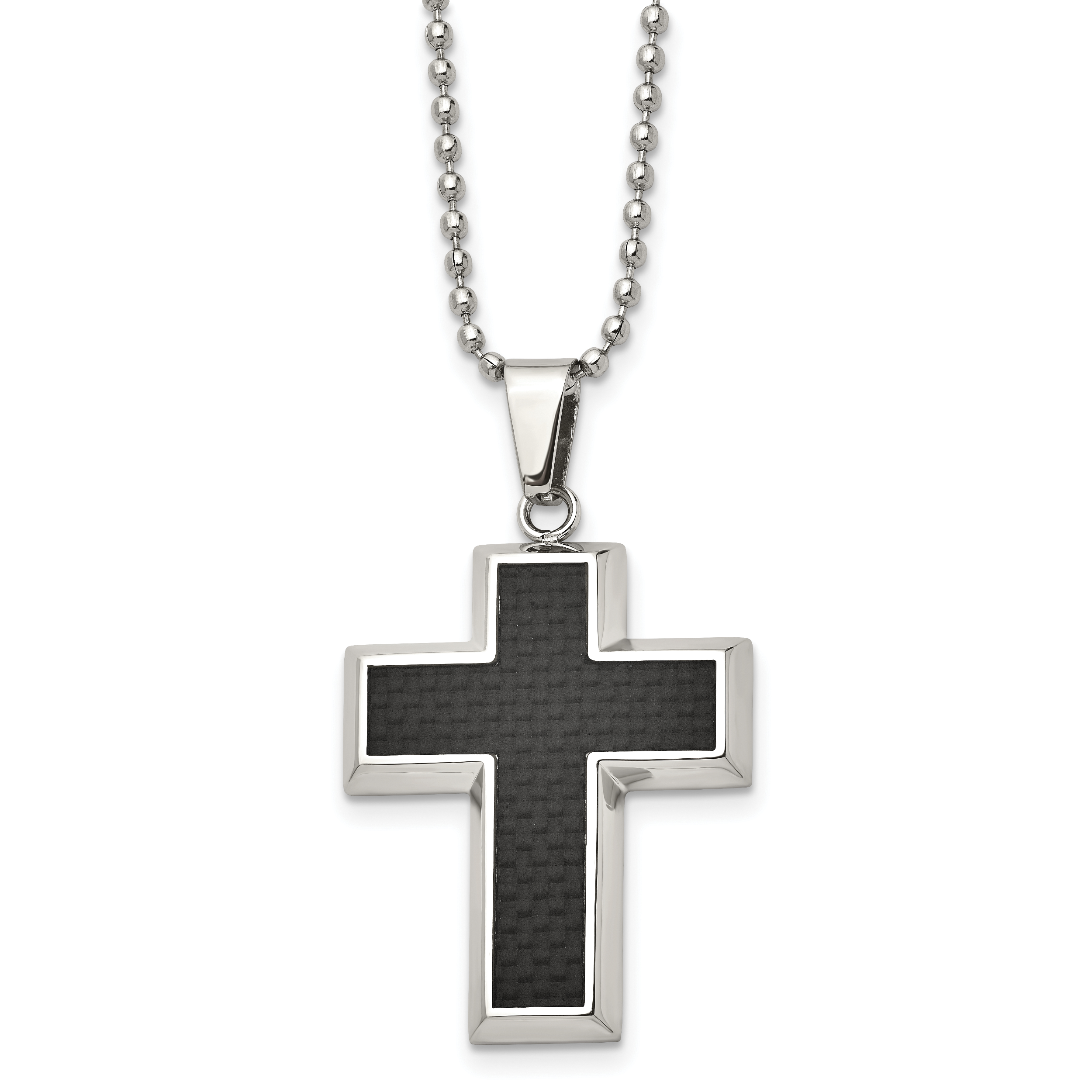 Chisel Stainless Steel Polished with Black Carbon Fiber Inlay Cross Pendant on a 22 inch Ball Chain Necklace Main image